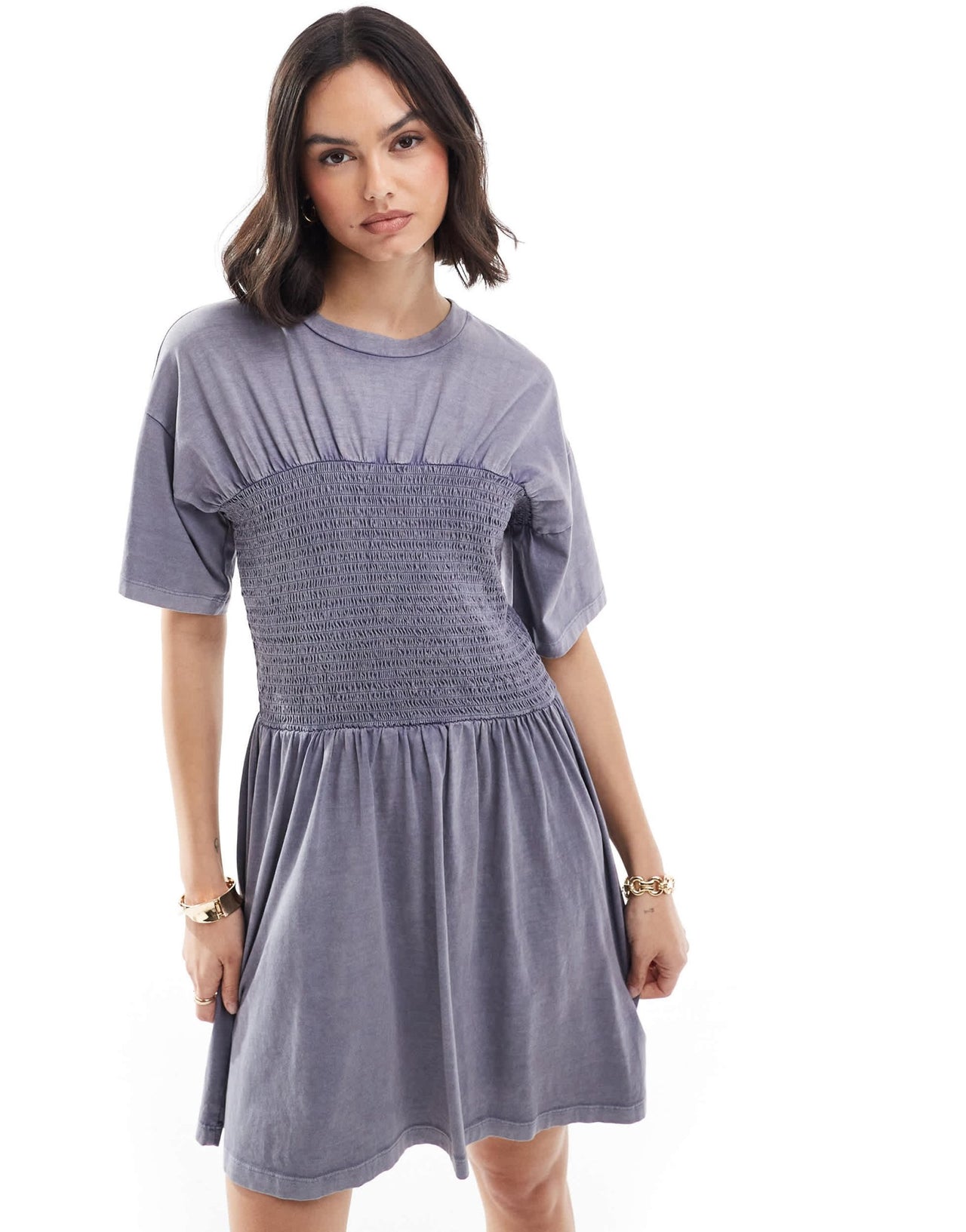 ASOS DESIGN t-shirt mini dress with shirred bust in blue wash - ASOS Sample Sale