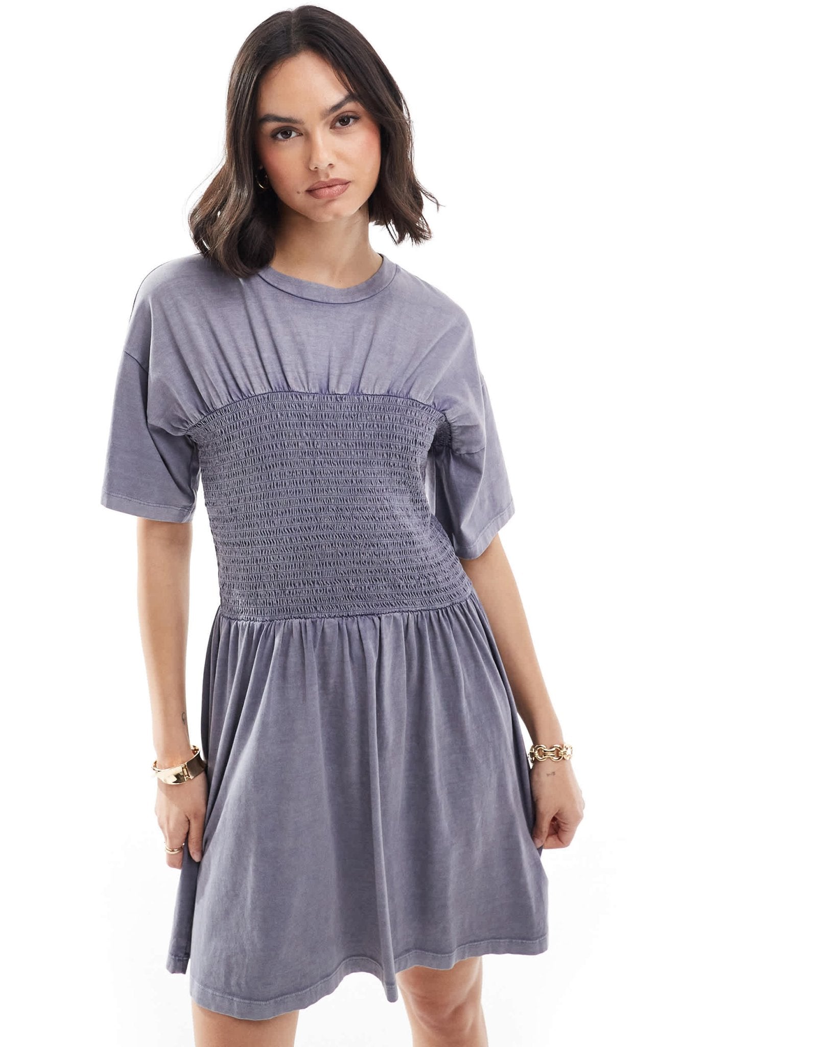 ASOS DESIGN t-shirt mini dress with shirred bust in blue wash - ASOS Sample Sale