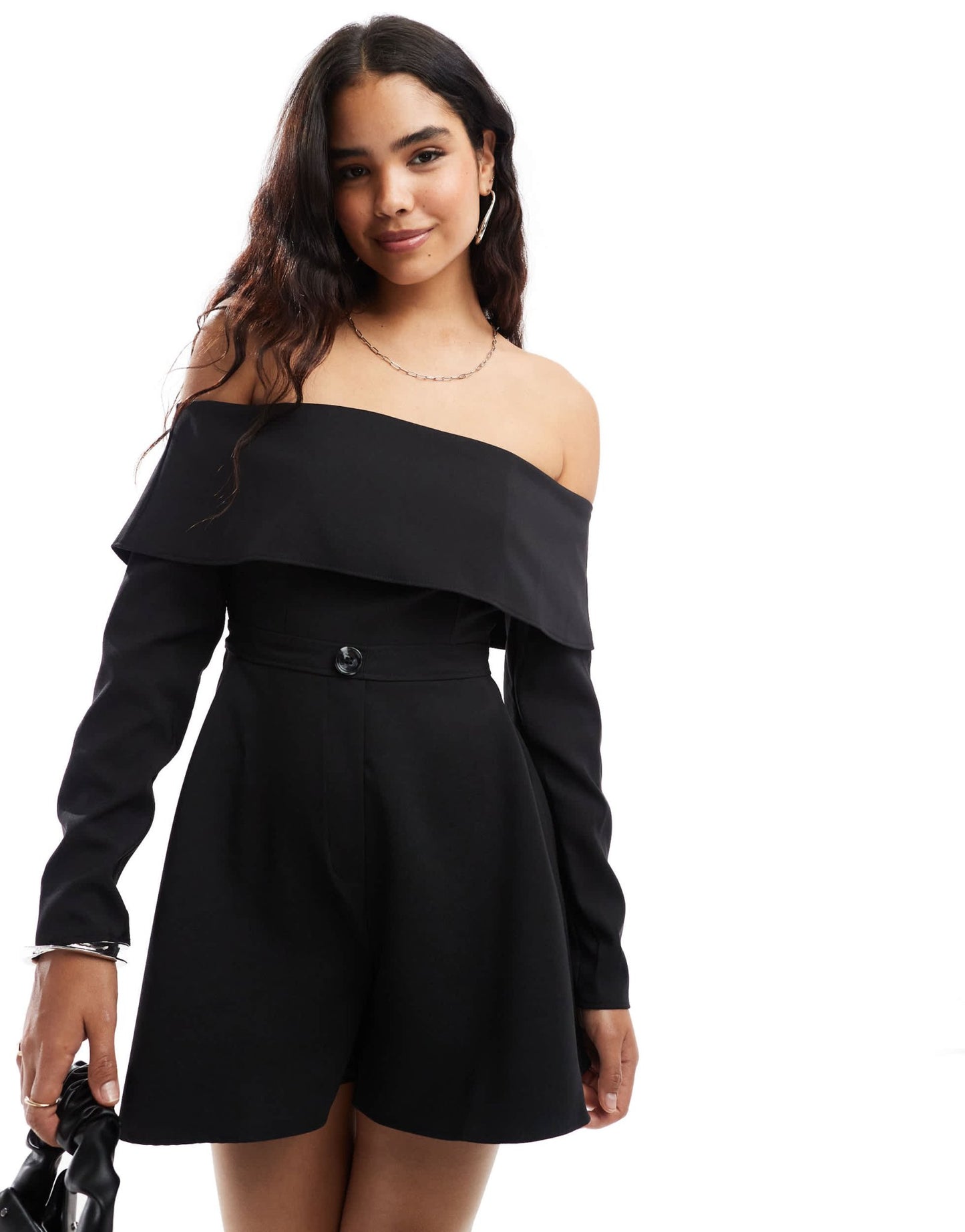 ASOS DESIGN tailored bardot playsuit in black - ASOS Sample Sale