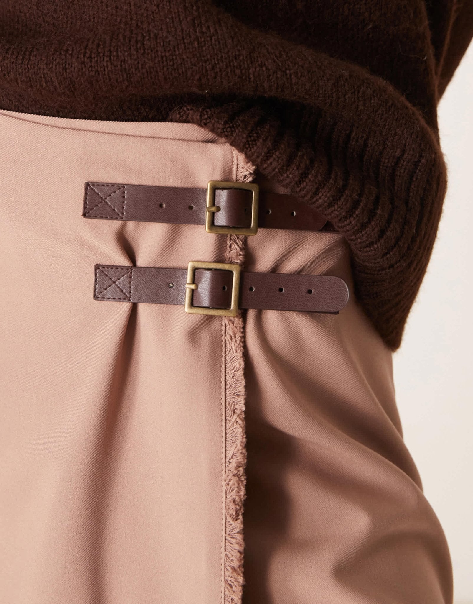 ASOS DESIGN tailored double belt wrap raw edge skirt in mocha - ASOS Sample Sale