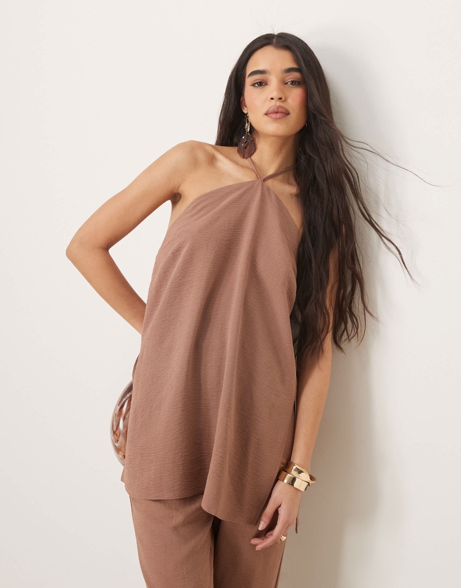 ASOS DESIGN tailored floaty halter neck co-ord in mocha - ASOS Sample Sale