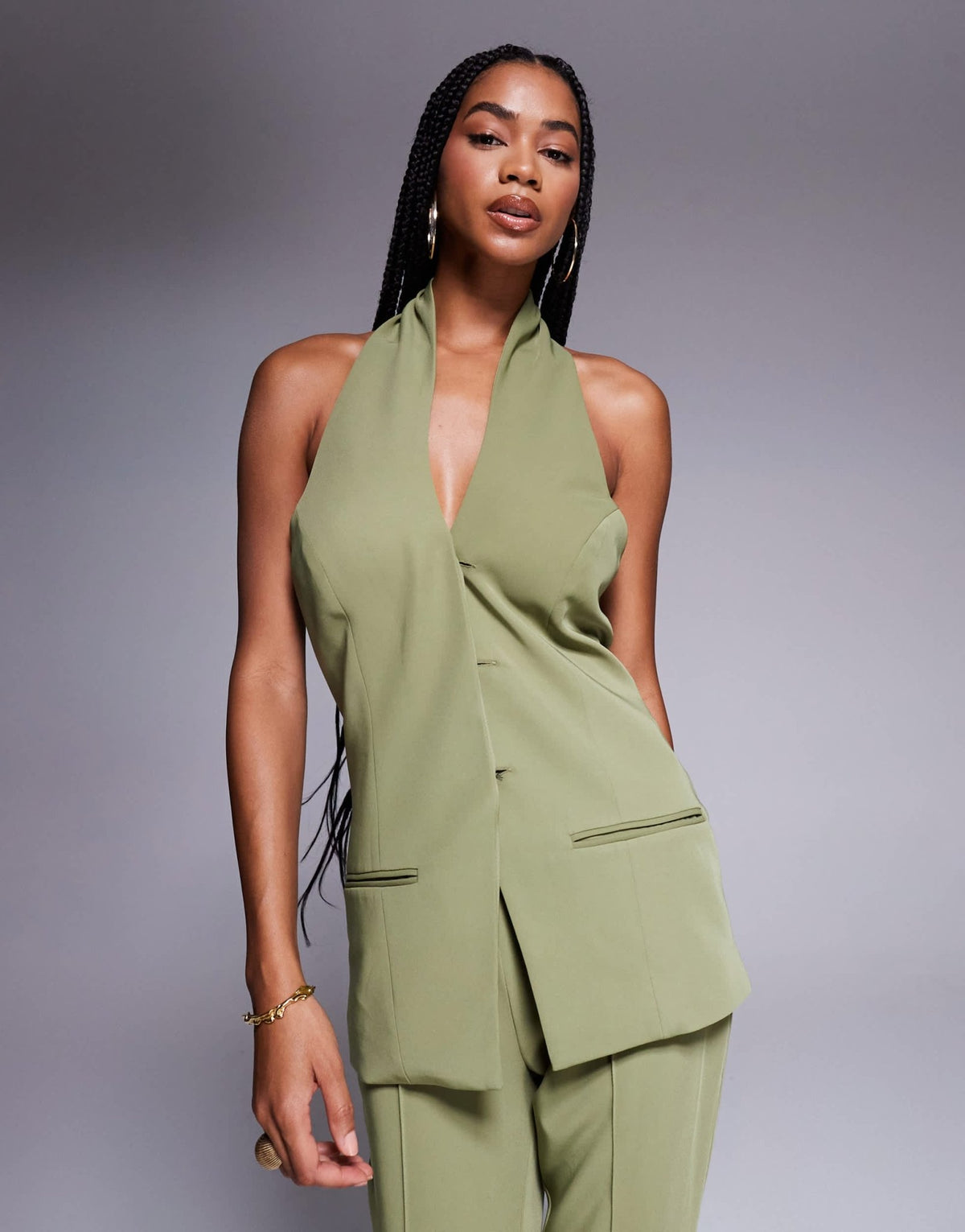 ASOS DESIGN tailored halterneck waistcoat co-ord in olive - ASOS Sample Sale