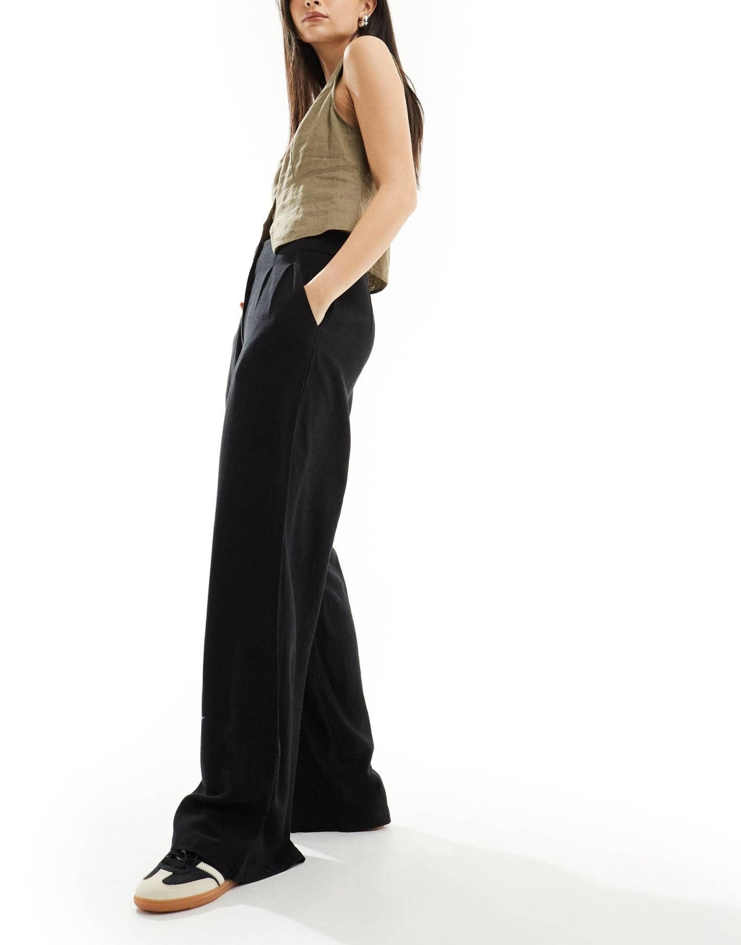 ASOS DESIGN tailored high waist seam detail wide leg linen trousers in black - ASOS Sample Sale