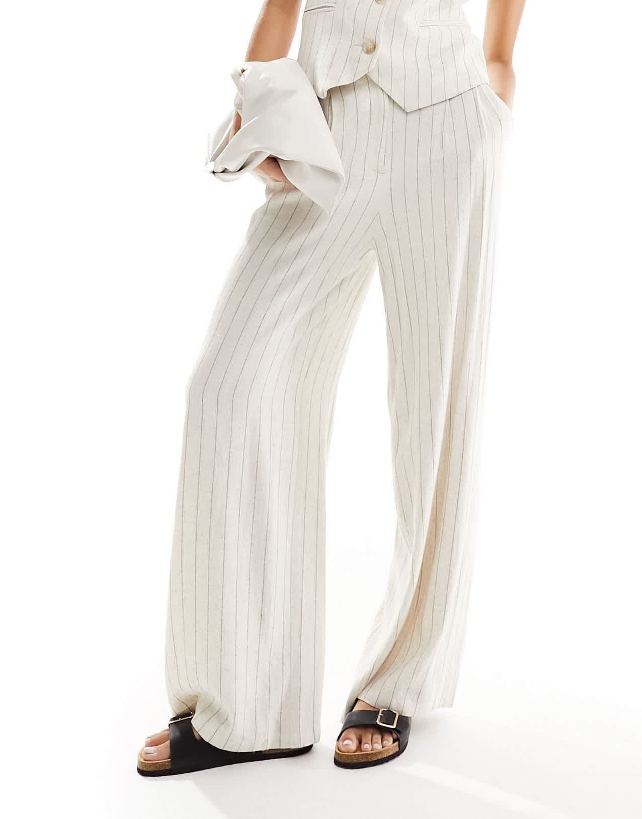 ASOS DESIGN tailored high waist seam detail wide leg linen trousers in ecru stripe - ASOS Sample Sale