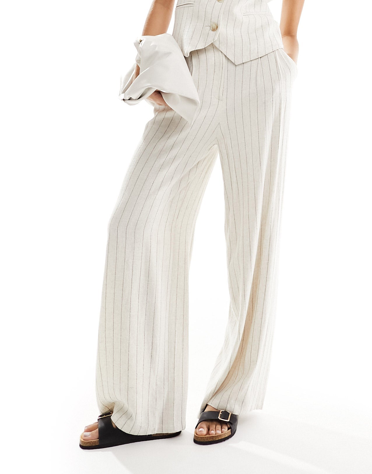 ASOS DESIGN tailored high waist seam detail wide leg linen trousers in ecru stripe - ASOS Sample Sale