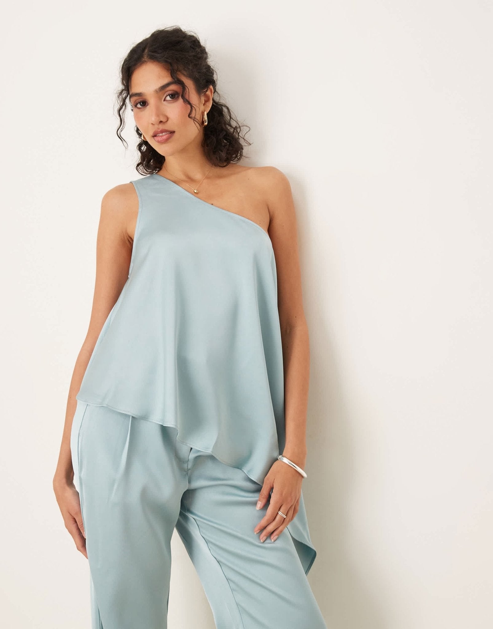 ASOS DESIGN tailored one shoulder drape top co - ord in light blue - ASOS Sample Sale