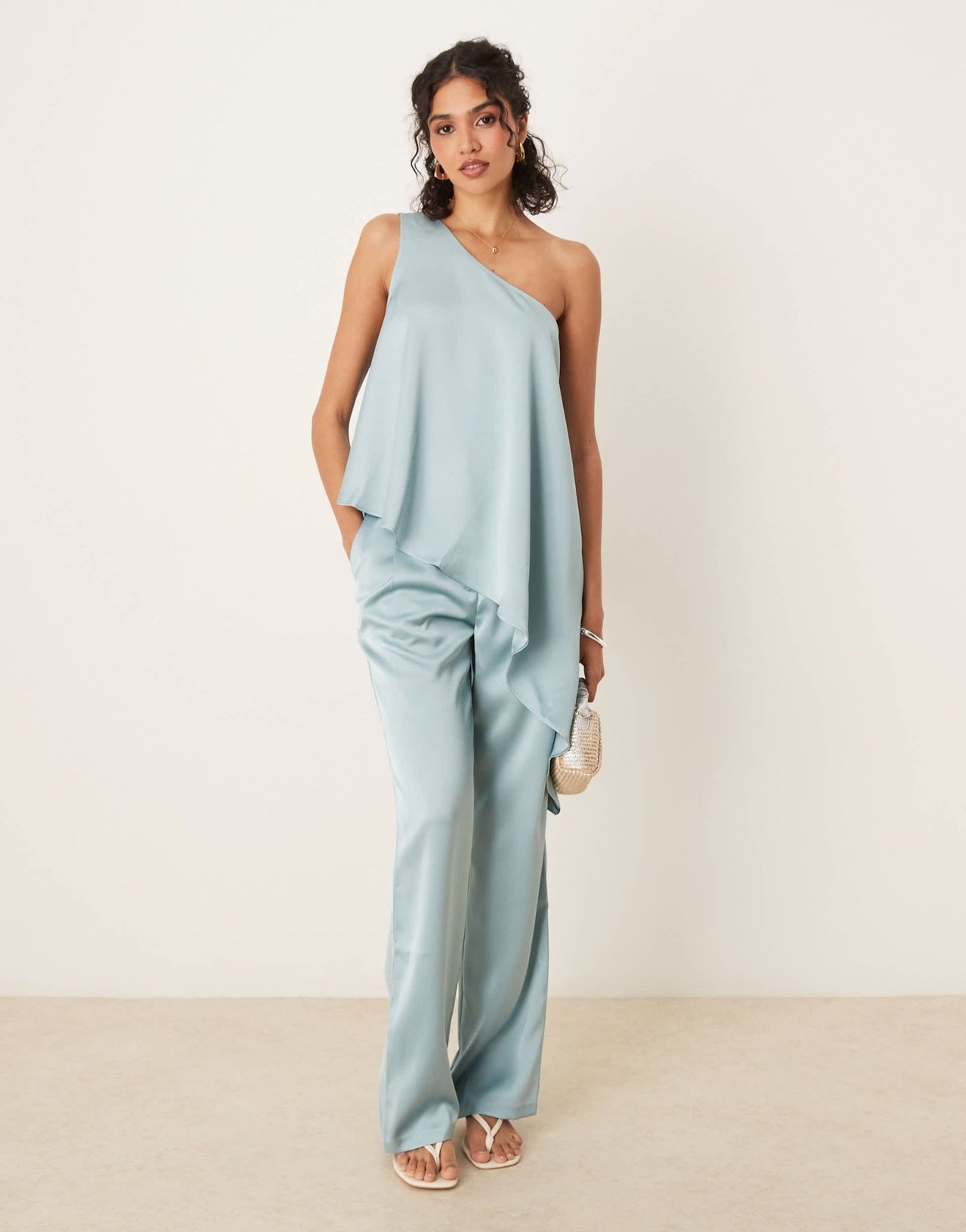 ASOS DESIGN tailored one shoulder drape top co - ord in light blue - ASOS Sample Sale