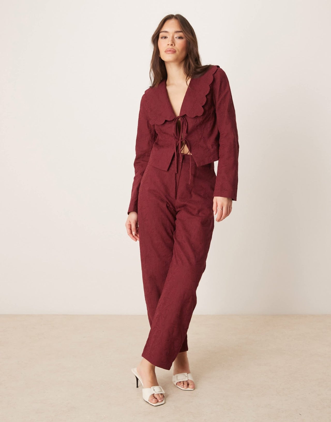 ASOS DESIGN tailored scallop collar tie front jacket co - ord in dark cherry - ASOS Sample Sale