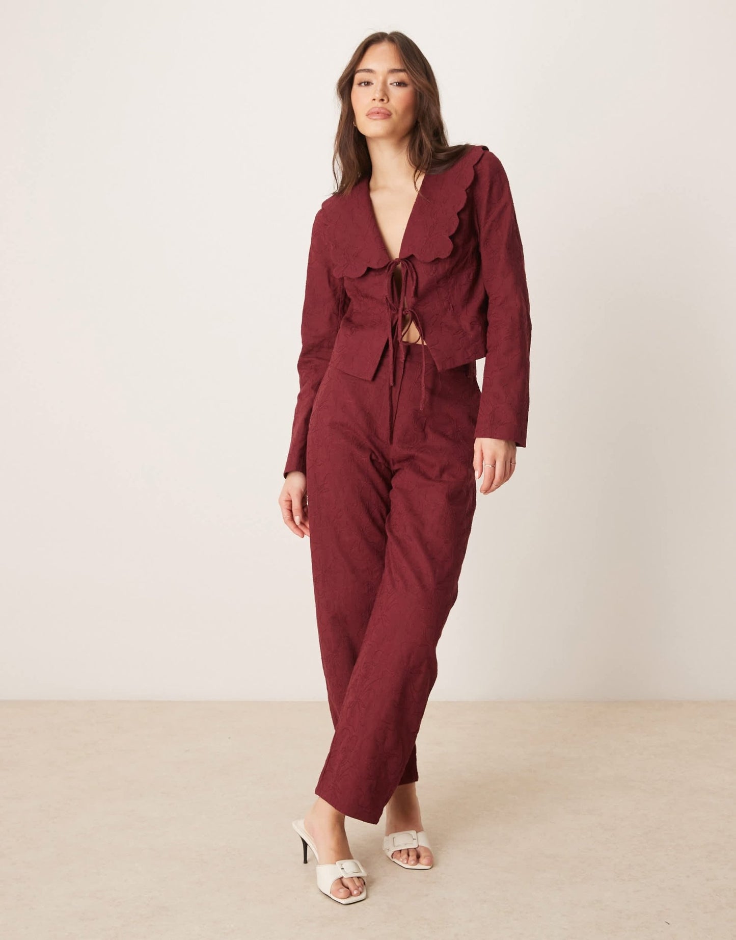ASOS DESIGN tailored scallop collar tie front jacket co - ord in dark cherry - ASOS Sample Sale