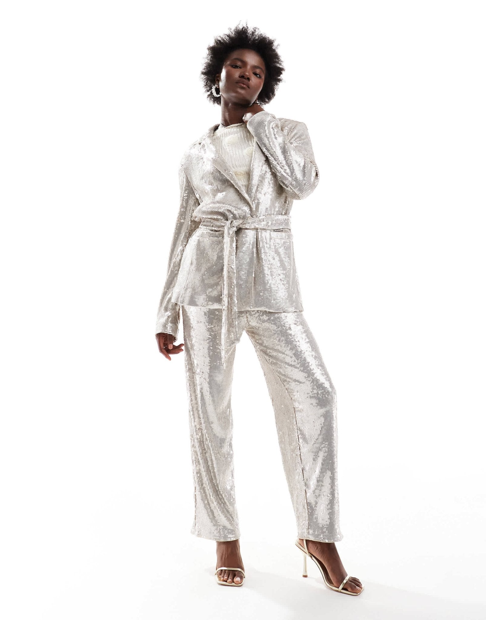 ASOS DESIGN tailored sequin ankle grazer trousers in cream - ASOS Sample Sale