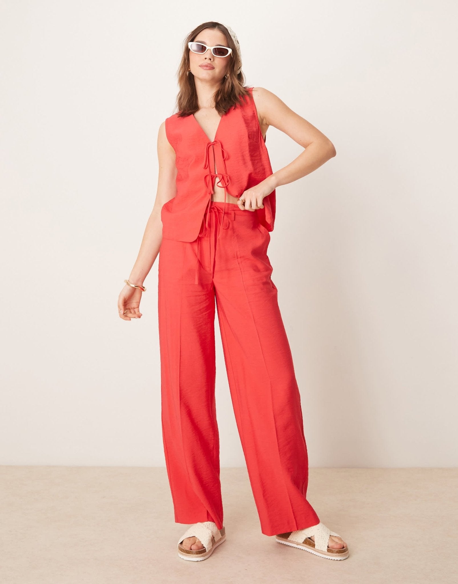 ASOS DESIGN tailored straight leg linen look trousers co-ord in red - ASOS Sample Sale