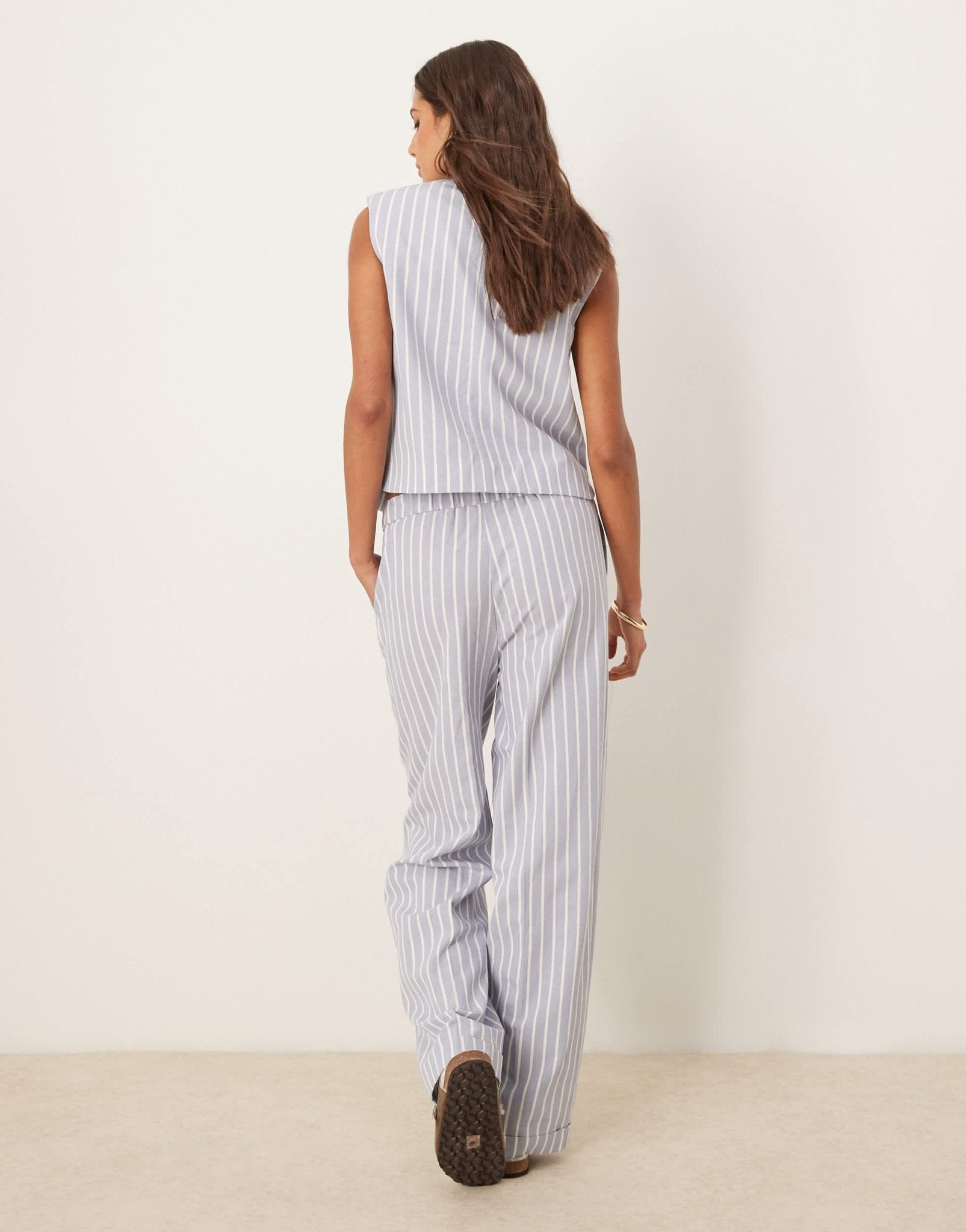 ASOS DESIGN tailored straight leg trousers with linen co - ord in blue and white stripe - ASOS Sample Sale