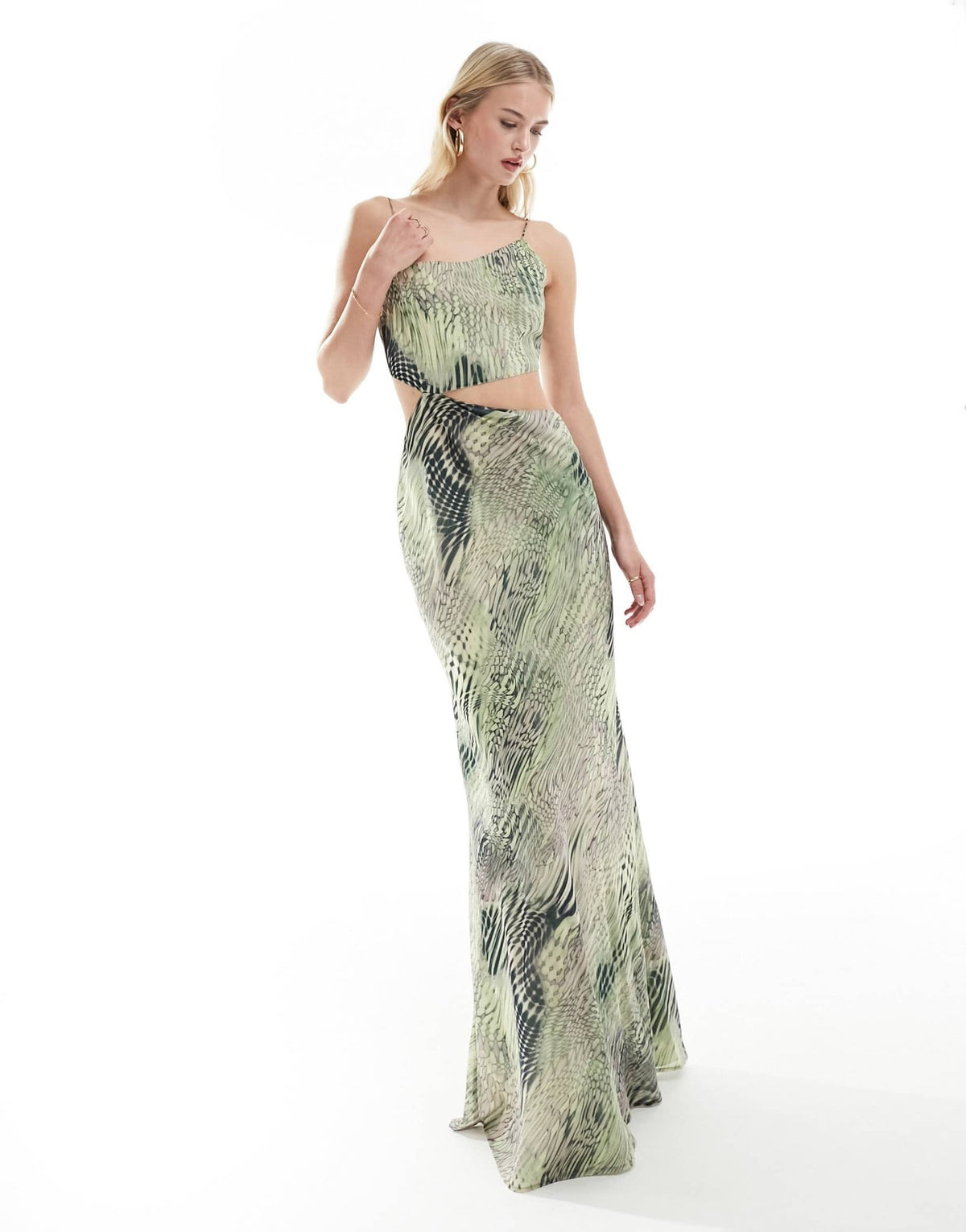 ASOS DESIGN Tall asymmetric neckline maxi dress with cut out in abstract animal print - ASOS Sample Sale