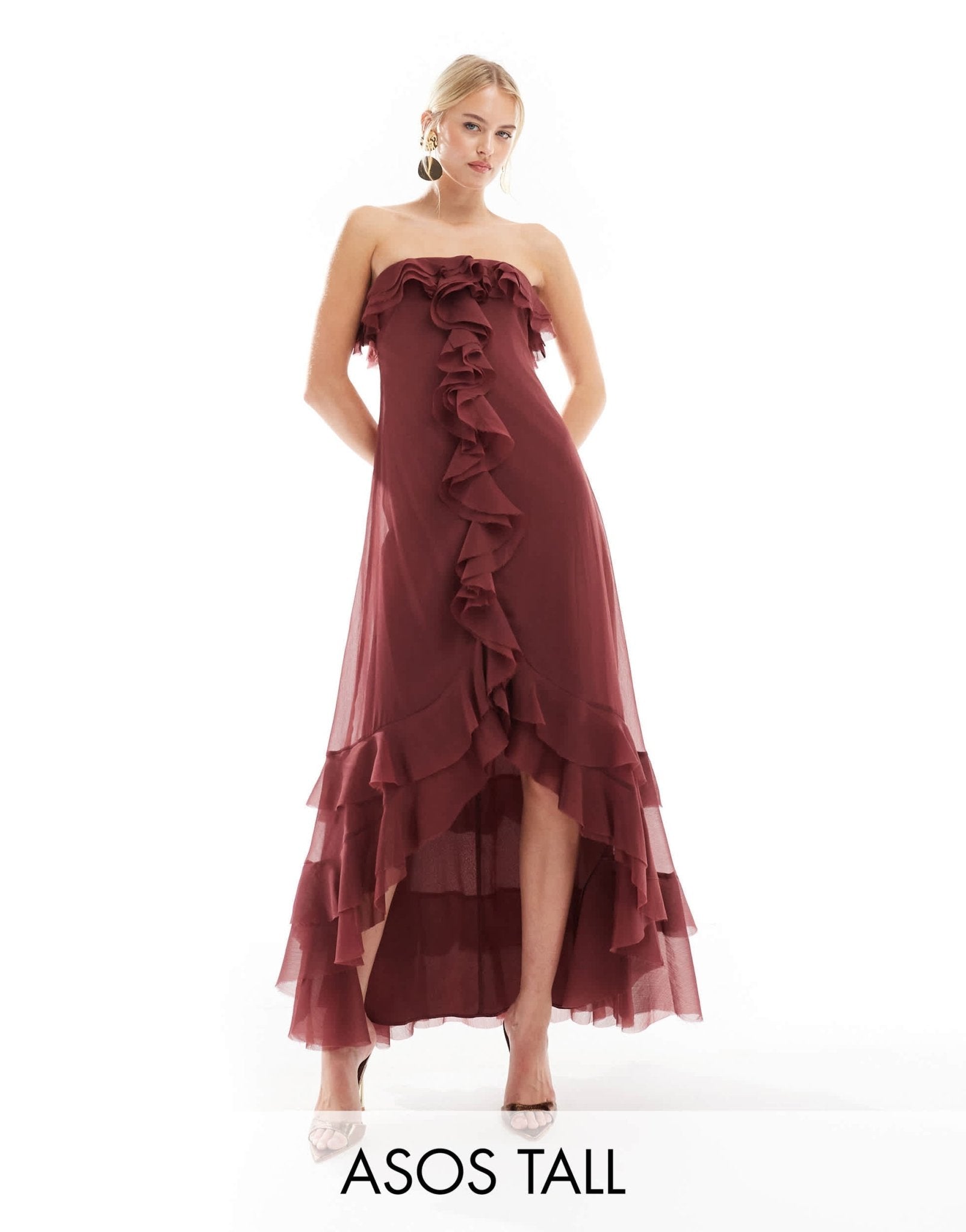 ASOS DESIGN Tall bardot ruffle off shoulder maxi dress in burgundy - ASOS Sample Sale
