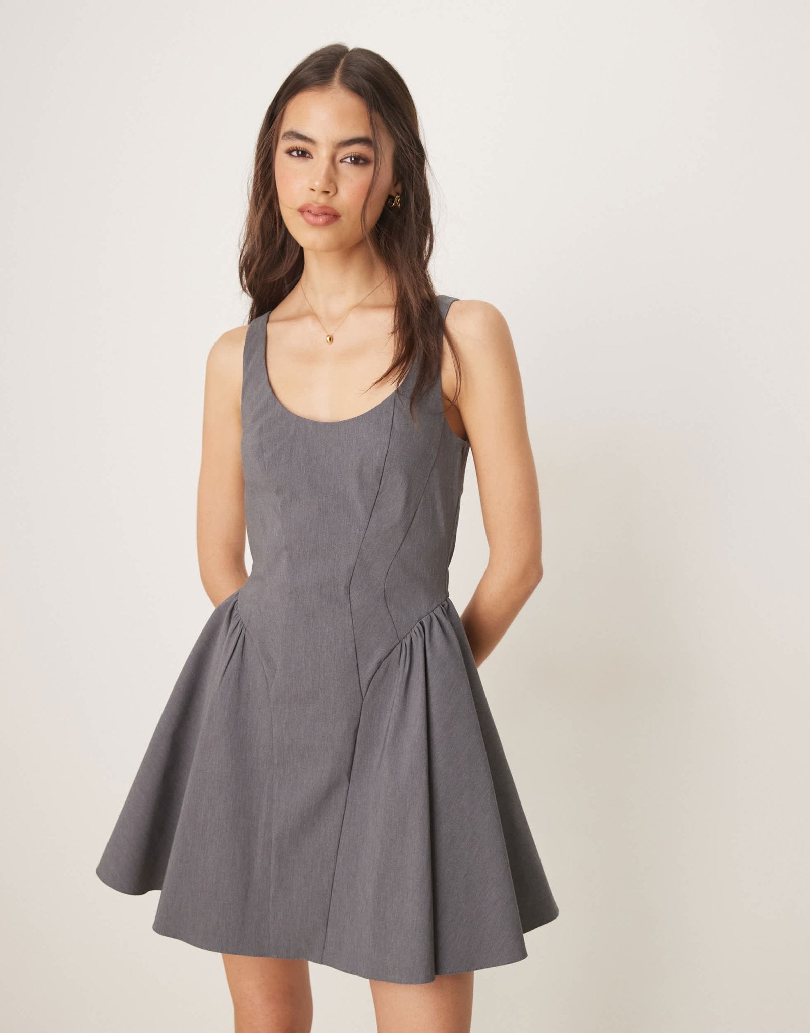 ASOS DESIGN Tall bengaline scoop neck structured flippy mini dress in charcoal - ASOS Sample Sale