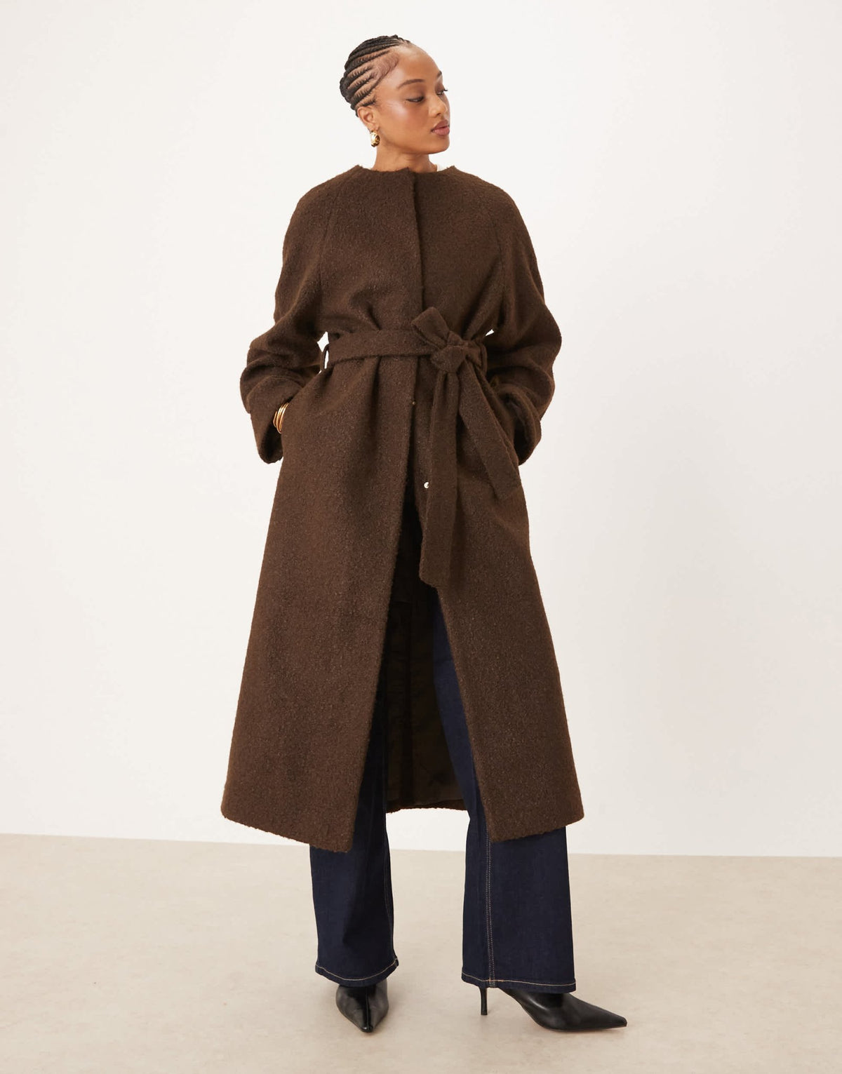 ASOS DESIGN Tall collarless boucle longline formal coat in bitter chocolate - ASOS Sample Sale