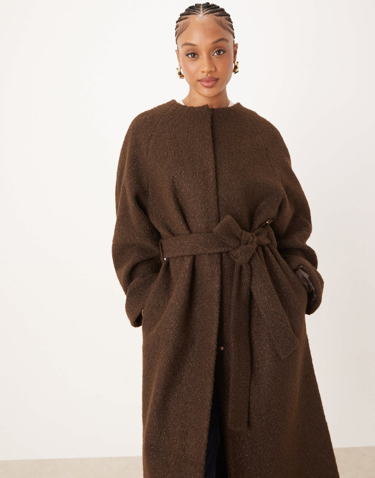 ASOS DESIGN Tall collarless boucle longline formal coat in bitter chocolate - ASOS Sample Sale