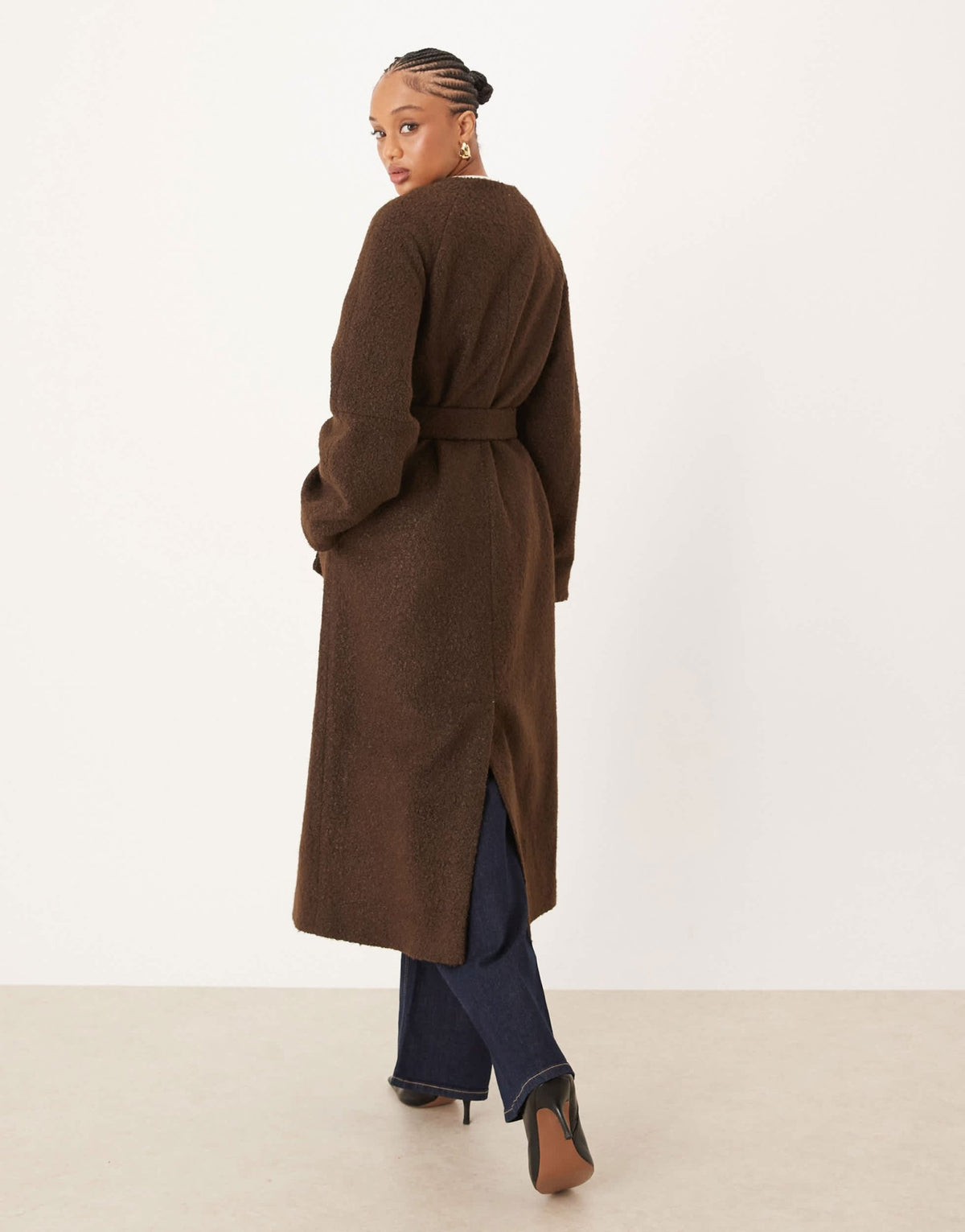 ASOS DESIGN Tall collarless boucle longline formal coat in bitter chocolate - ASOS Sample Sale