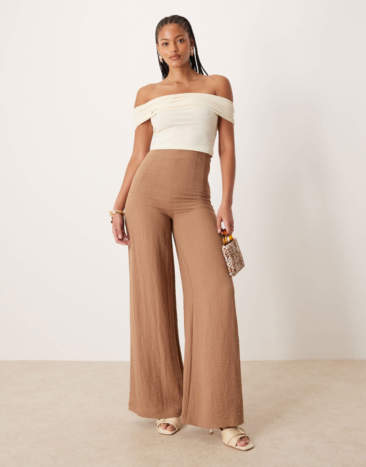 ASOS DESIGN Tall crinkle linen blend high waisted corset waist trousers in taupe - ASOS Sample Sale