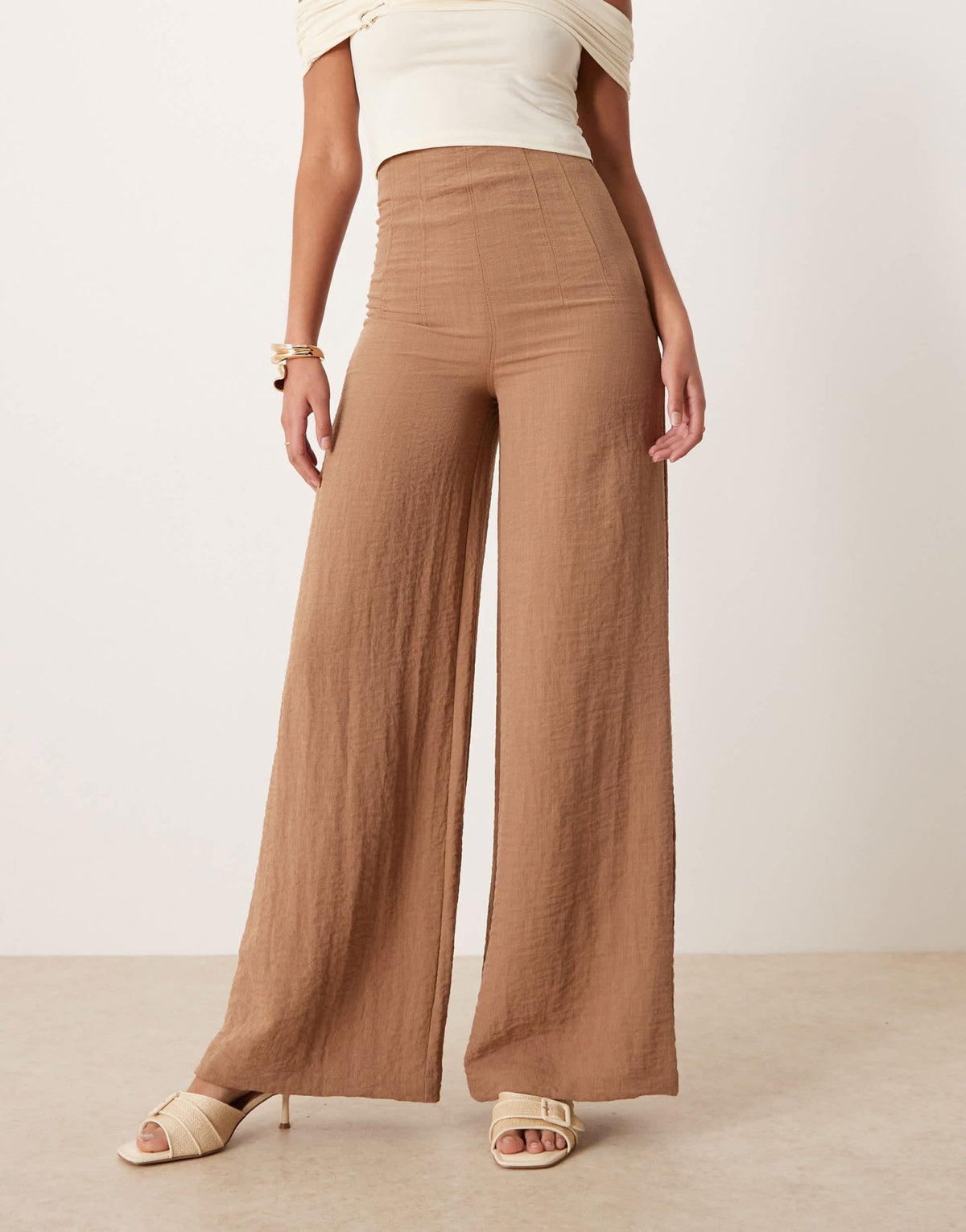 ASOS DESIGN Tall crinkle linen blend high waisted corset waist trousers in taupe - ASOS Sample Sale