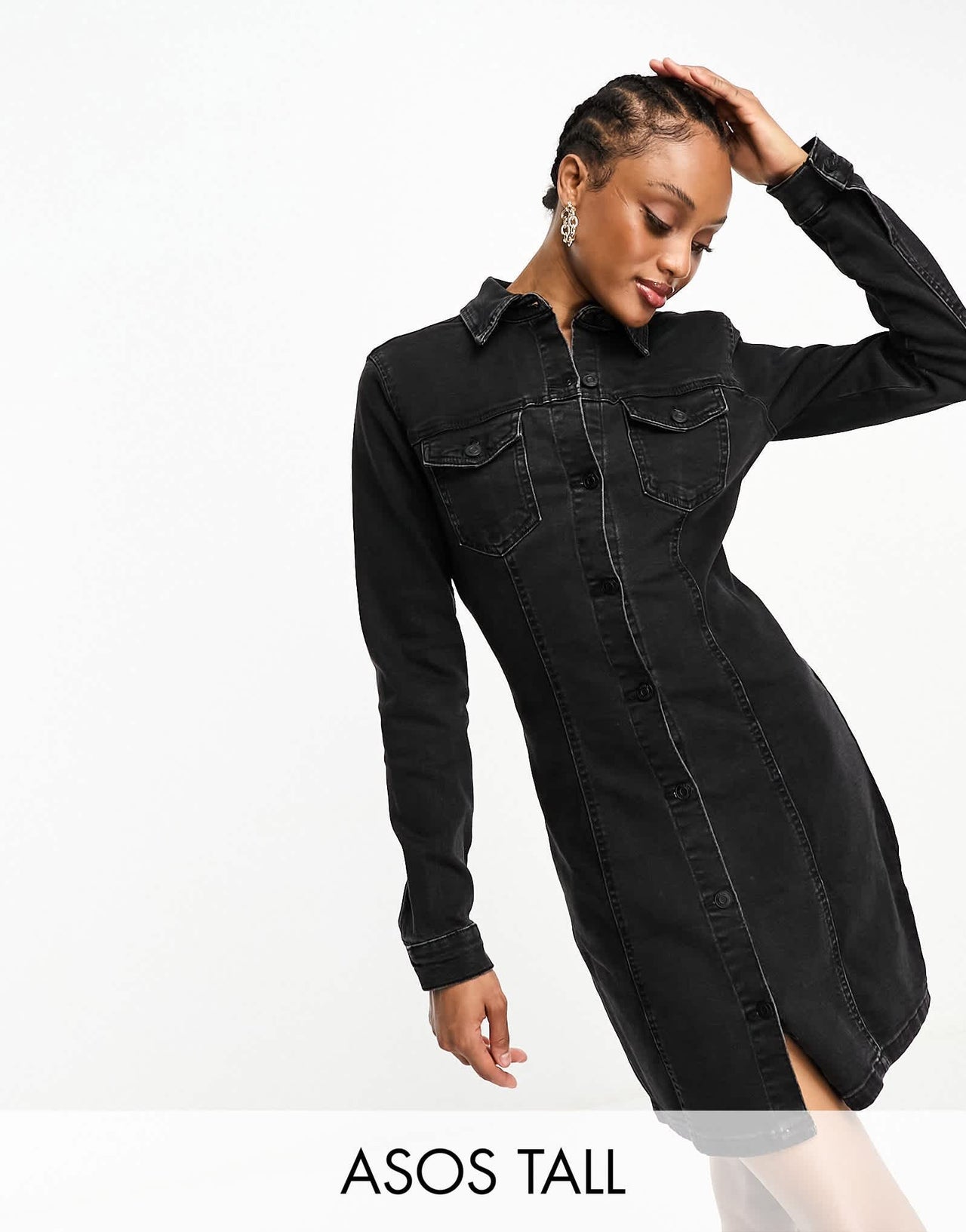 ASOS DESIGN Tall denim fitted shirt dress in black - ASOS Sample Sale