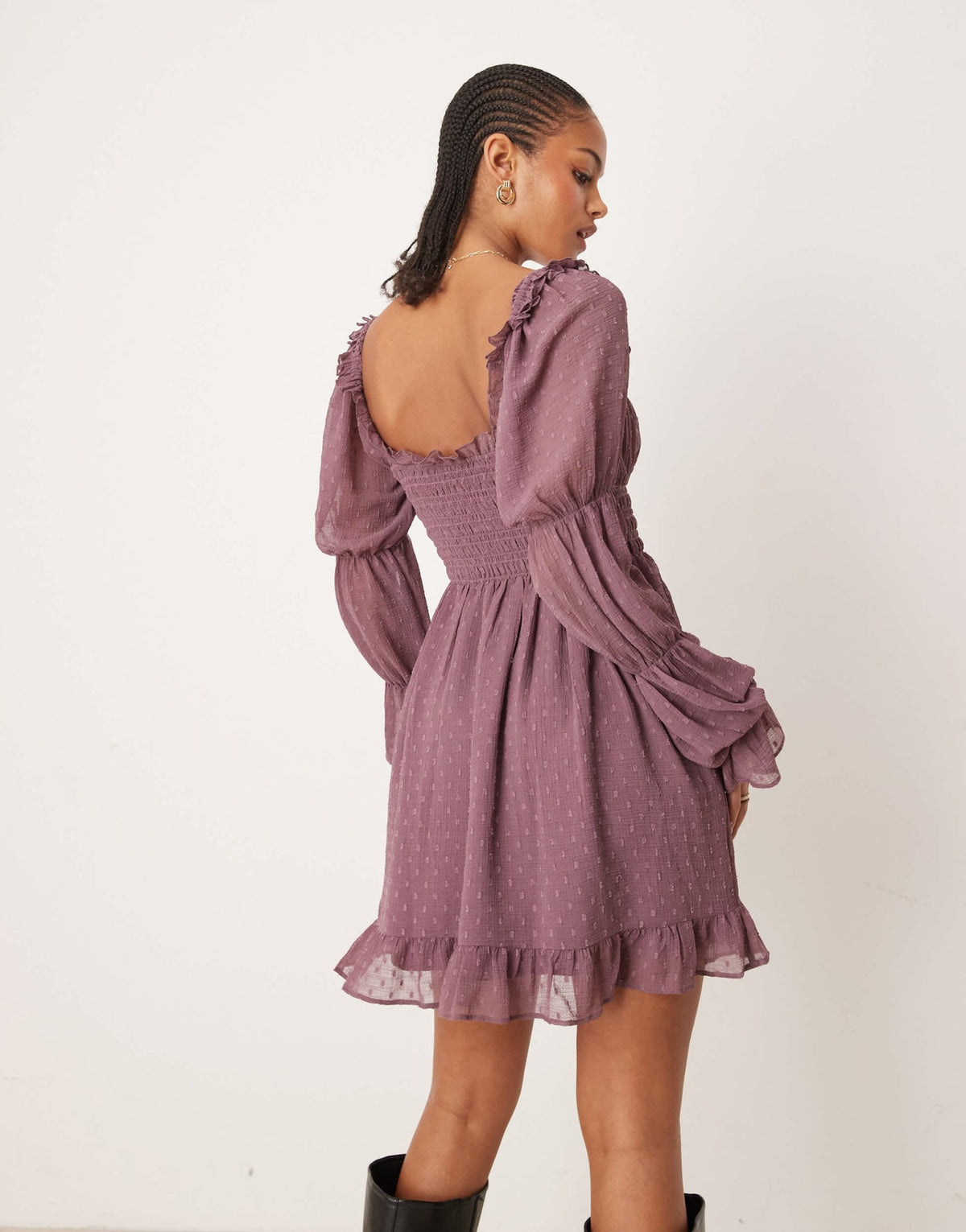 ASOS DESIGN Tall dobby milkmaid long sleeve shirred waist mini dress in mauve - ASOS Sample Sale