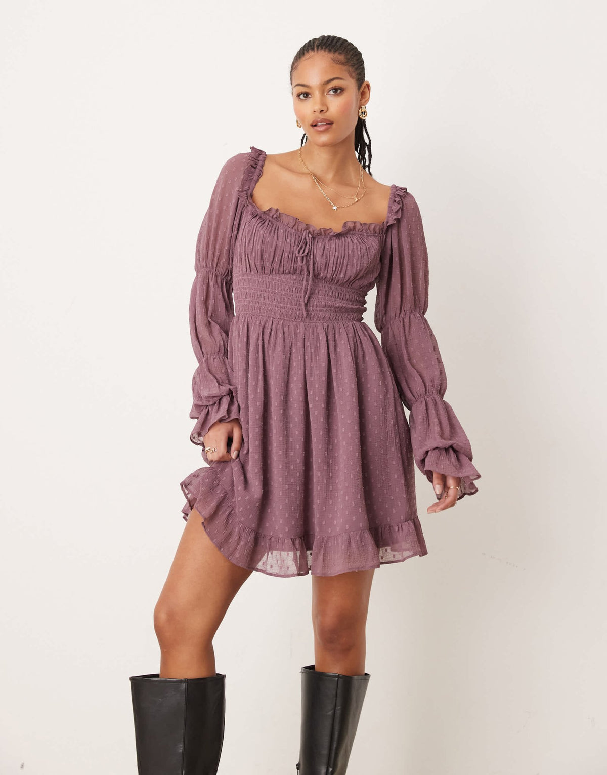 ASOS DESIGN Tall dobby milkmaid long sleeve shirred waist mini dress in mauve - ASOS Sample Sale