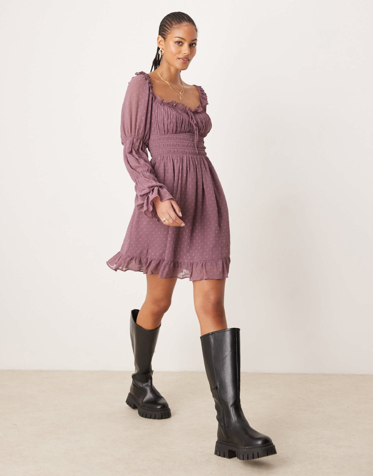 ASOS DESIGN Tall dobby milkmaid long sleeve shirred waist mini dress in mauve - ASOS Sample Sale