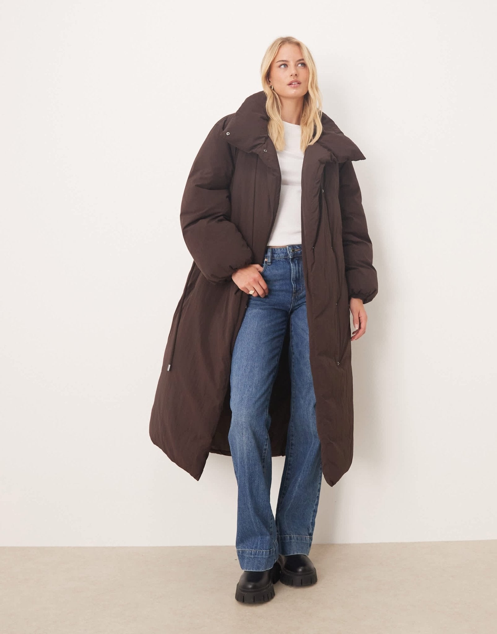 ASOS DESIGN Tall funnel neck longline puffer jacket in chocolate - ASOS Sample Sale