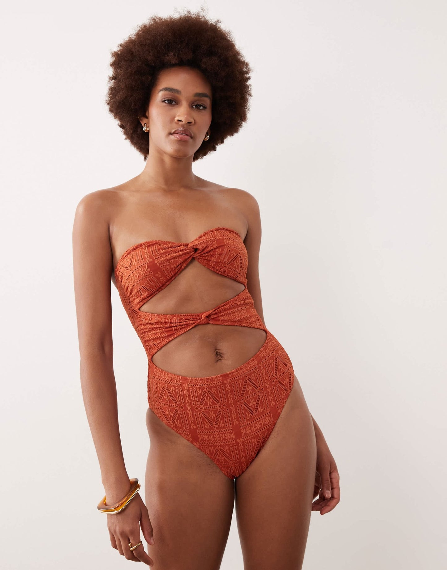 ASOS DESIGN Tall Kyle broderie Brooke twist front bandeau swimsuit in rust - ASOS Sample Sale