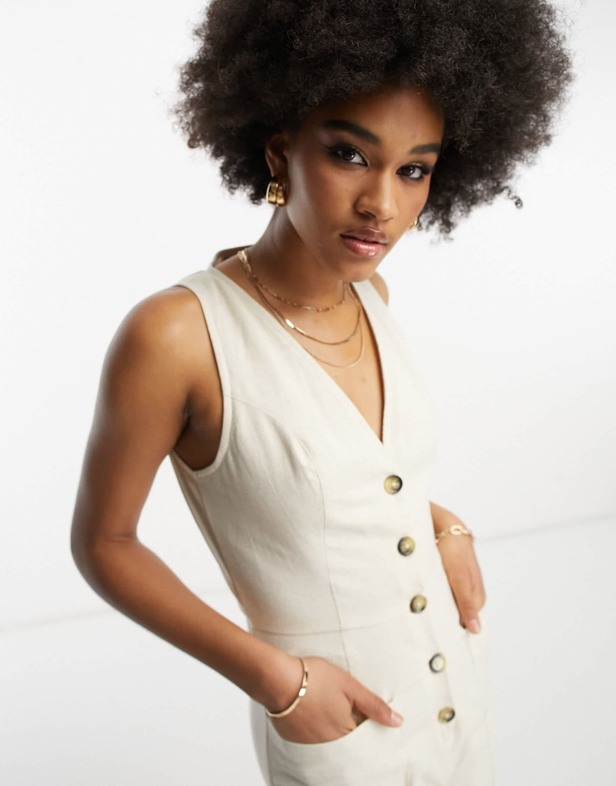 ASOS DESIGN Tall linen look button through jumpsuit in oatmeal - ASOS Sample Sale