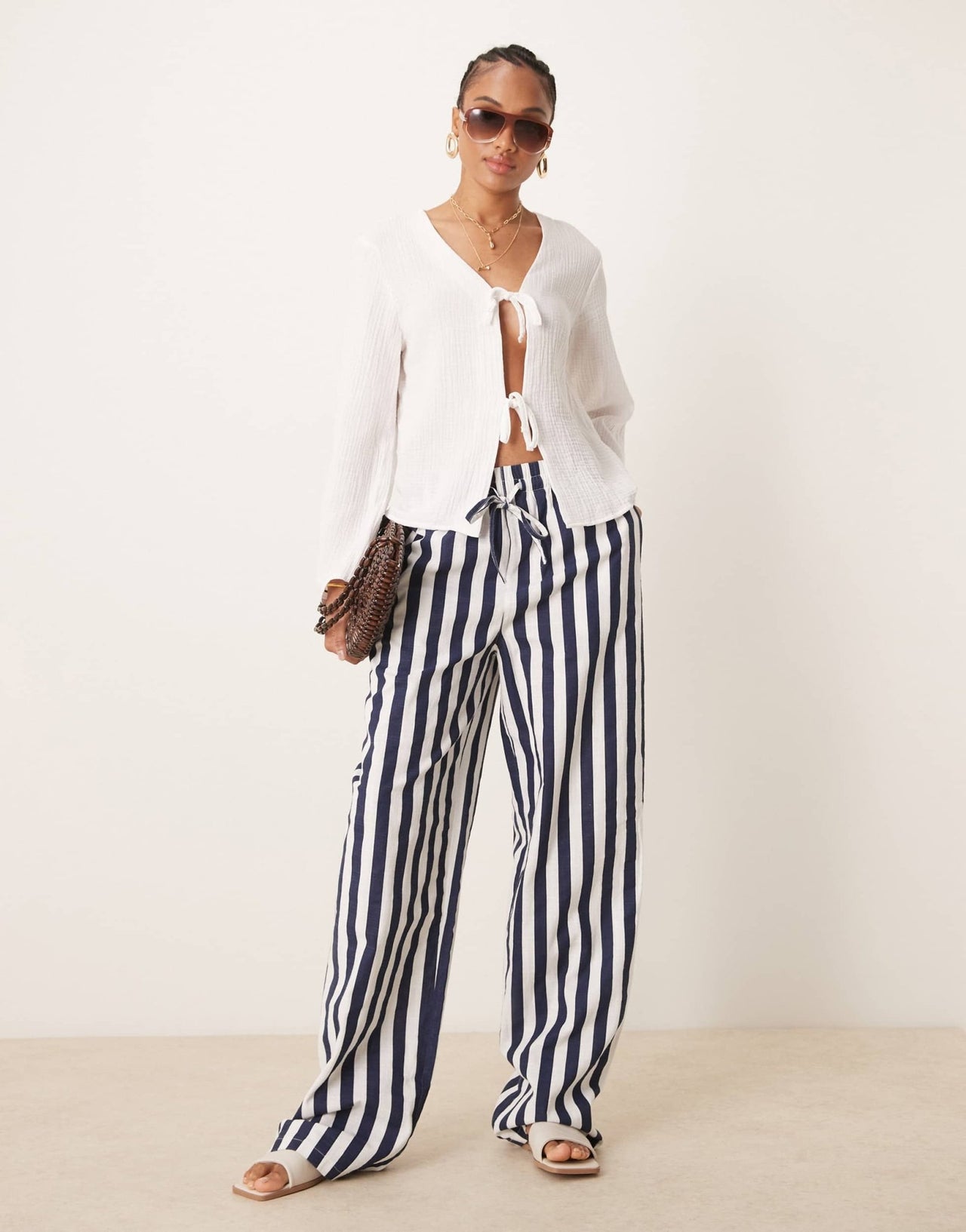 ASOS DESIGN Tall linen look pull on trousers in navy stripe - ASOS Sample Sale