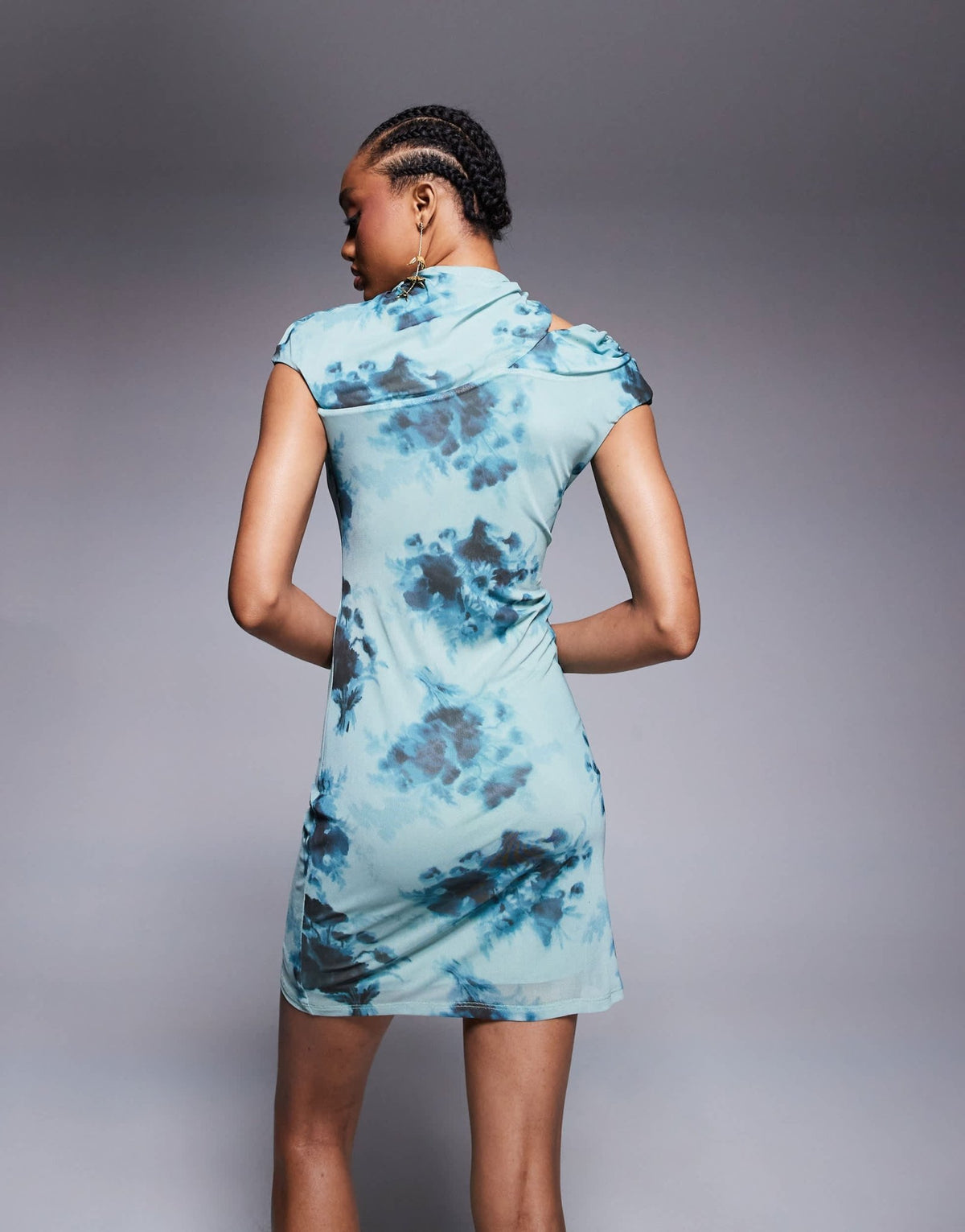 ASOS DESIGN Tall mesh cap sleeve mini dress with slash shoulder in blue blurred floral print - ASOS Sample Sale