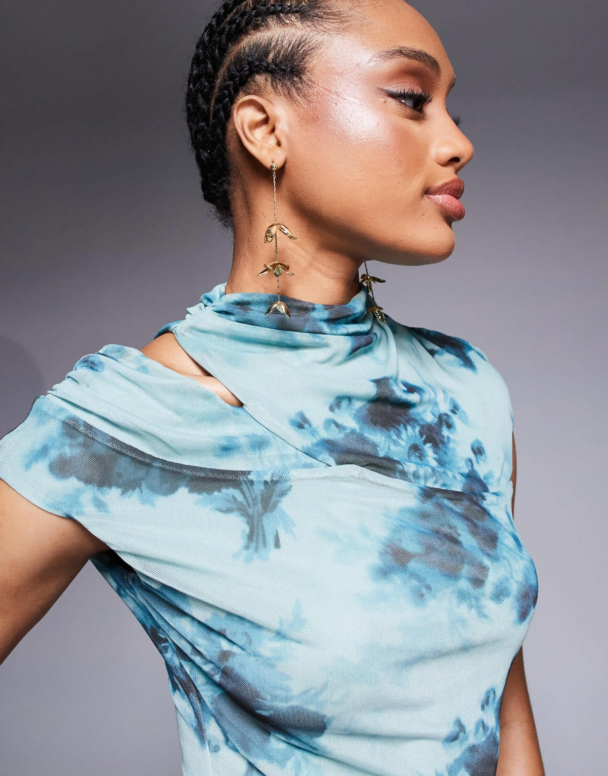 ASOS DESIGN Tall mesh cap sleeve mini dress with slash shoulder in blue blurred floral print - ASOS Sample Sale