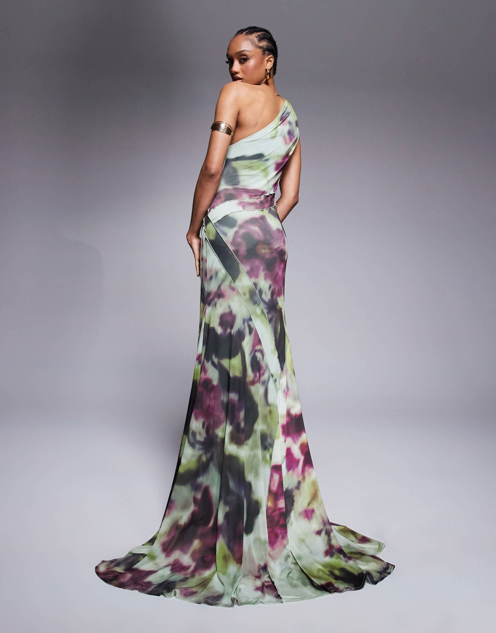 ASOS DESIGN Tall mesh one shoulder exposed seams maxi dress with full hem in abstract tie dye print - ASOS Sample Sale