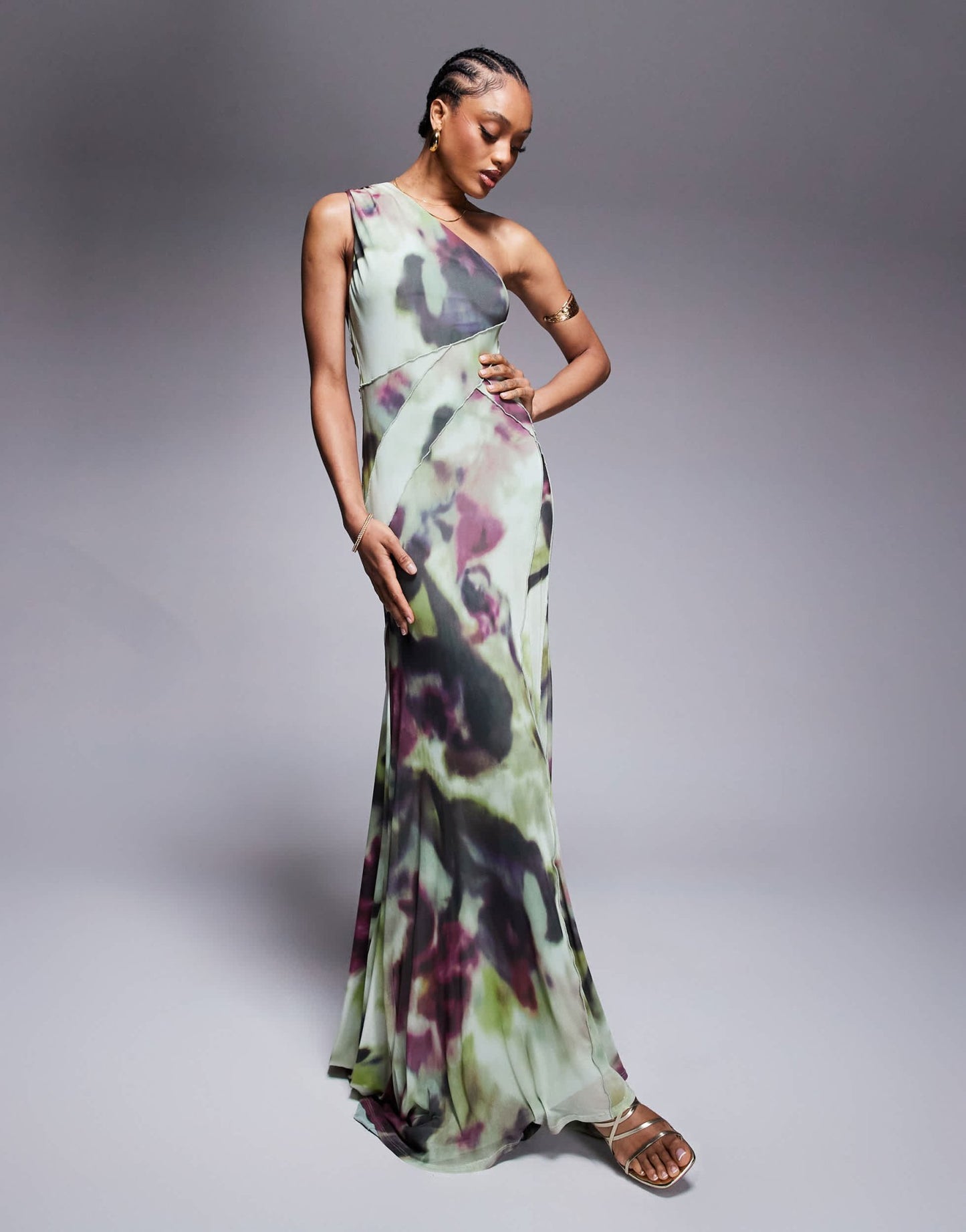 ASOS DESIGN Tall mesh one shoulder exposed seams maxi dress with full hem in abstract tie dye print - ASOS Sample Sale