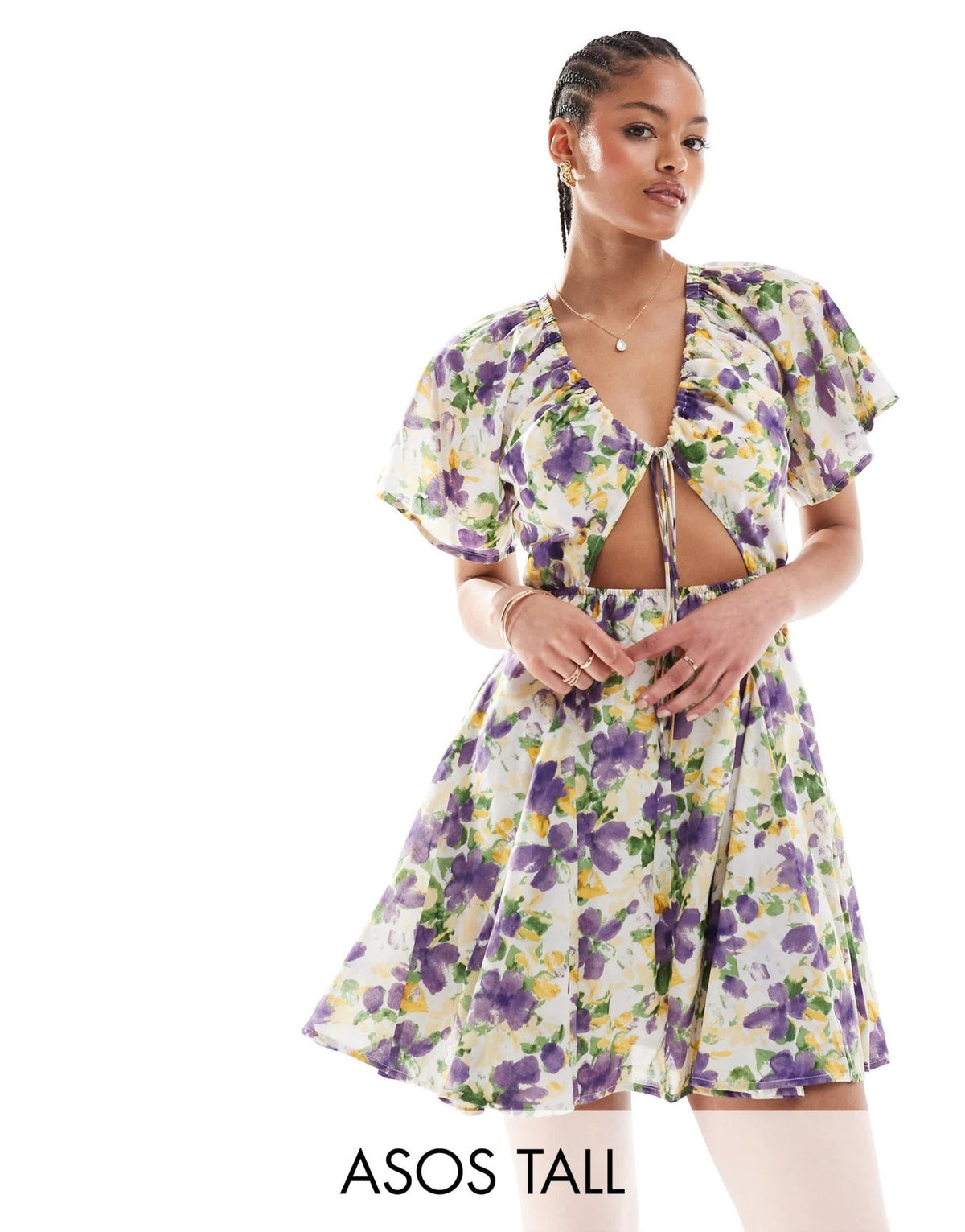 ASOS DESIGN Tall mini cut out dress with godet skirt in lilac floral - ASOS Sample Sale
