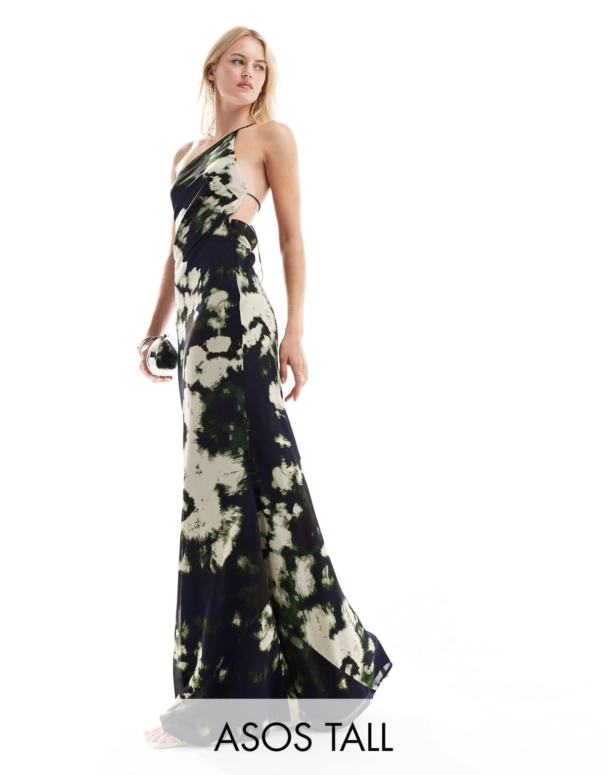 ASOS DESIGN Tall one shoulder maxi dress with open back in black abstract print - ASOS Sample Sale