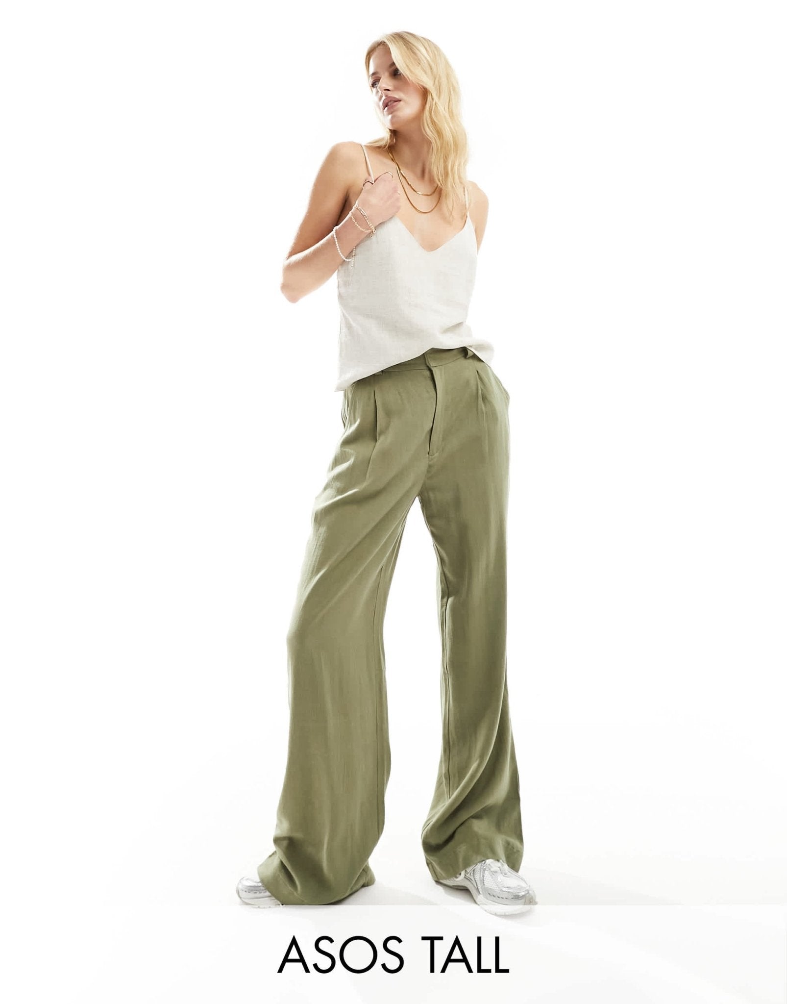ASOS DESIGN Tall relaxed straight leg trousers with linen in olive - ASOS Sample Sale