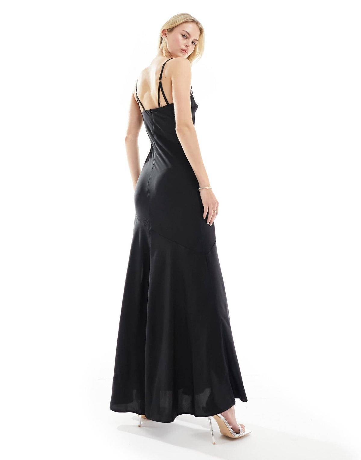 ASOS DESIGN Tall satin buckle strap maxi dress with fuller skirt in black - ASOS Sample Sale