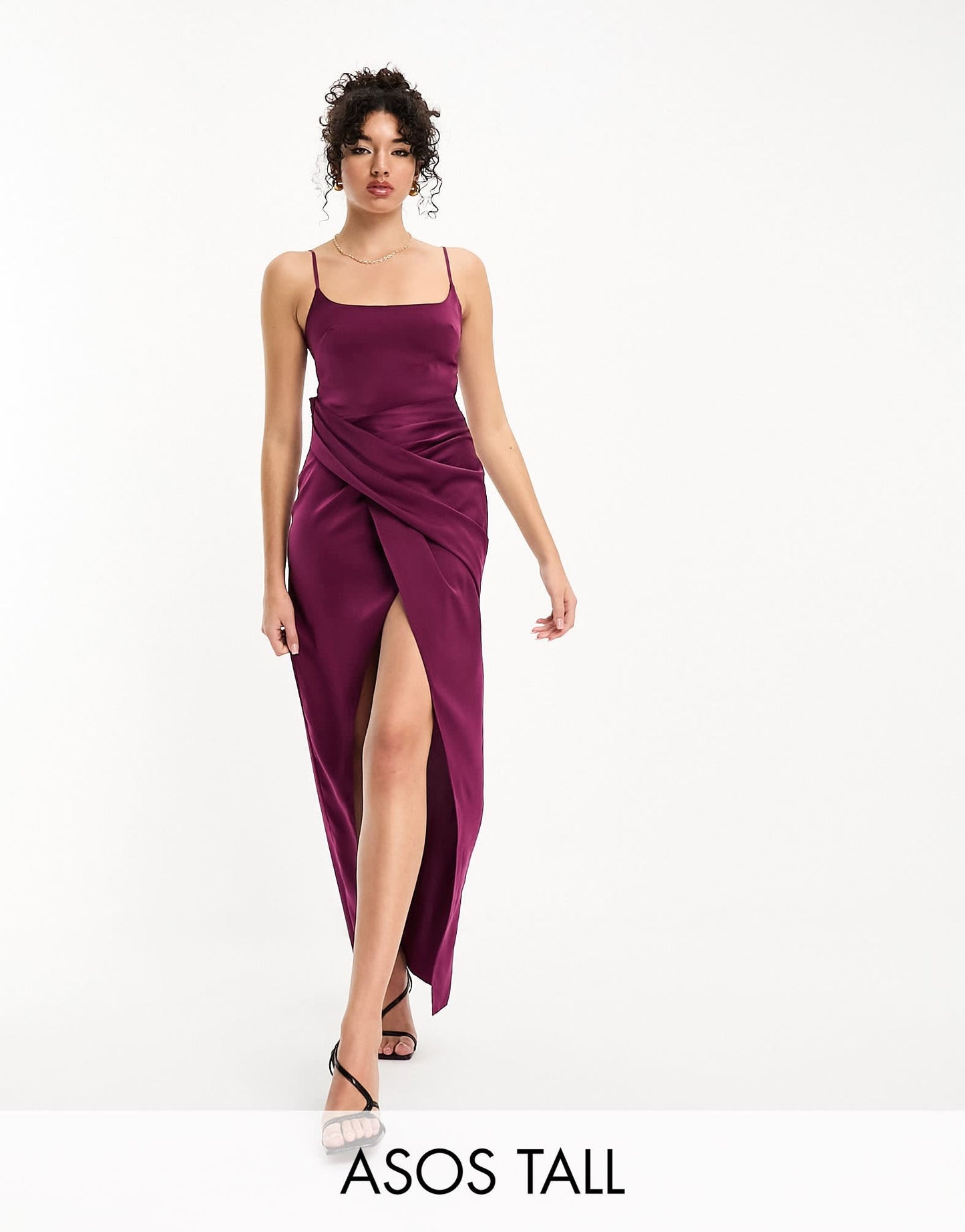 ASOS DESIGN Tall satin cami midi dress with drape skirt in plum - ASOS Sample Sale