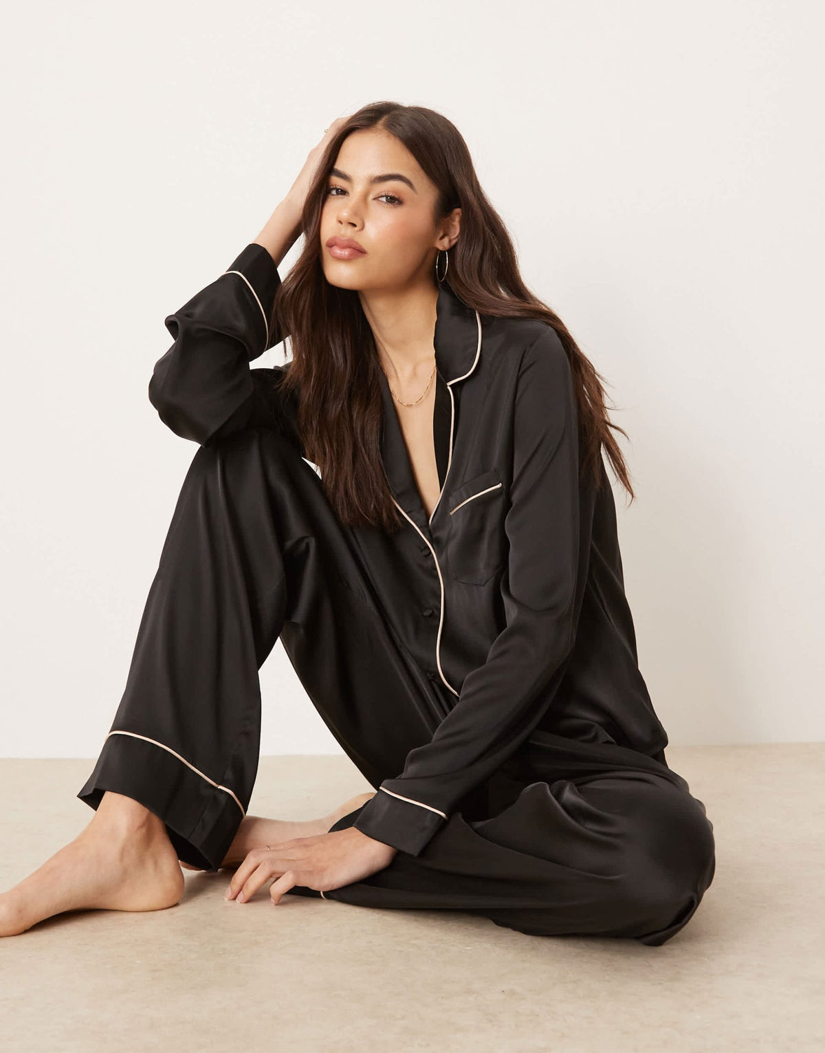ASOS DESIGN Tall satin shirt & trouser pyjama set in black - ASOS Sample Sale