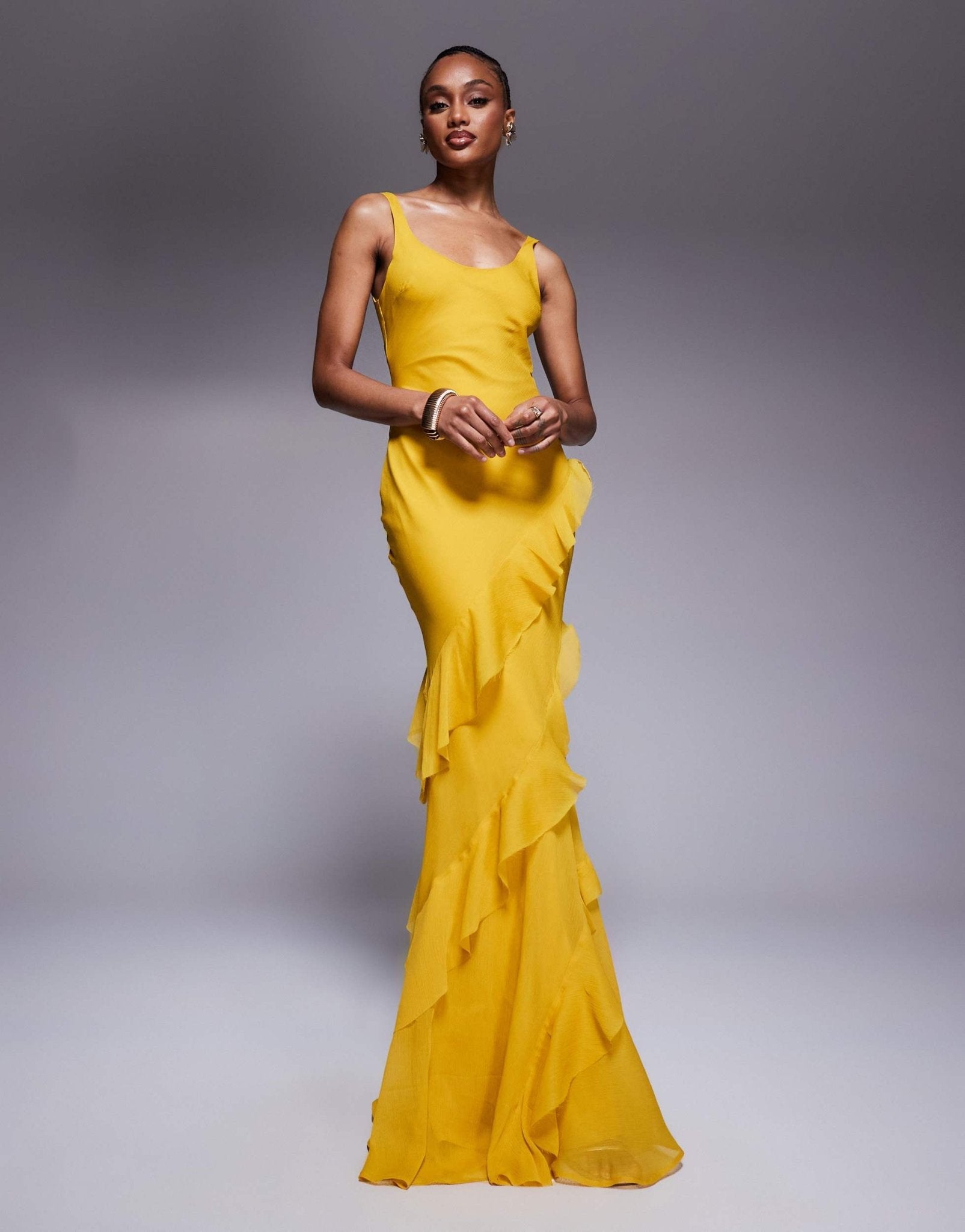 ASOS DESIGN Tall scoop neck maxi dress with ruffle skirt and cut out back in mustard - ASOS Sample Sale
