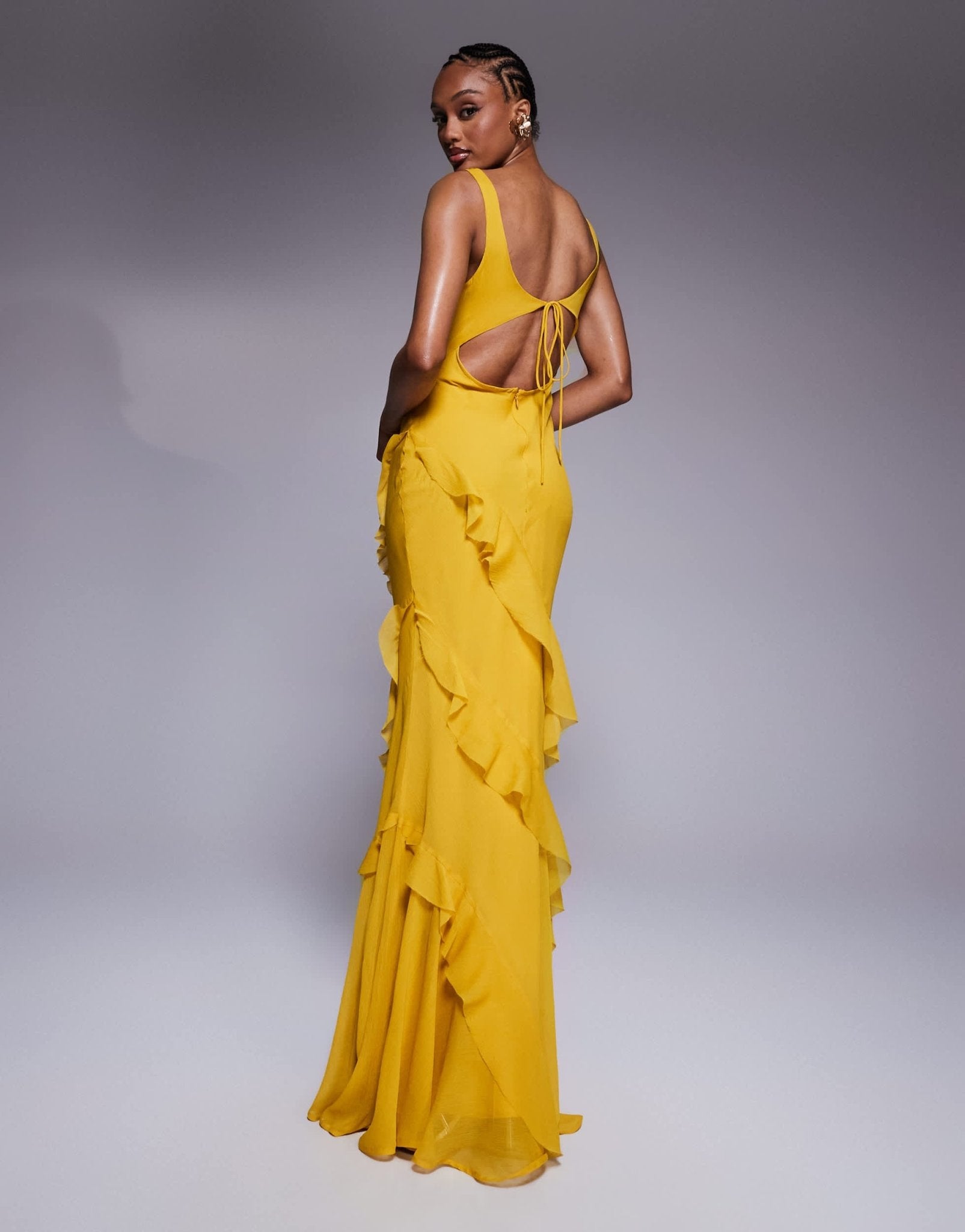 ASOS DESIGN Tall scoop neck maxi dress with ruffle skirt and cut out back in mustard - ASOS Sample Sale