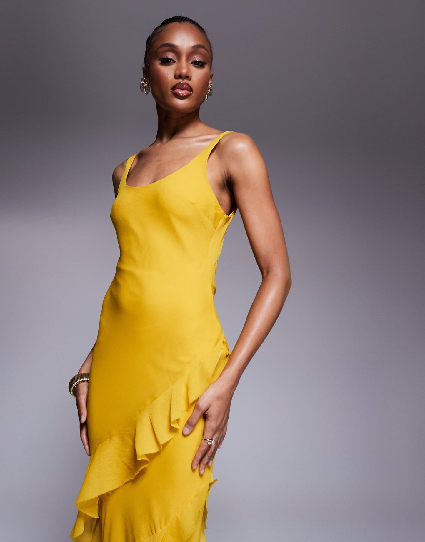 ASOS DESIGN Tall scoop neck maxi dress with ruffle skirt and cut out back in mustard - ASOS Sample Sale