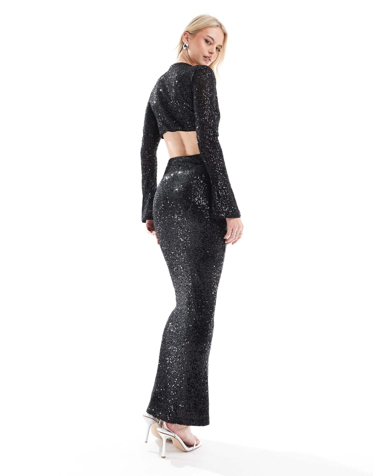 ASOS DESIGN Tall sequin long sleeve wrap around maxi dress with keyhole detail in black - ASOS Sample Sale