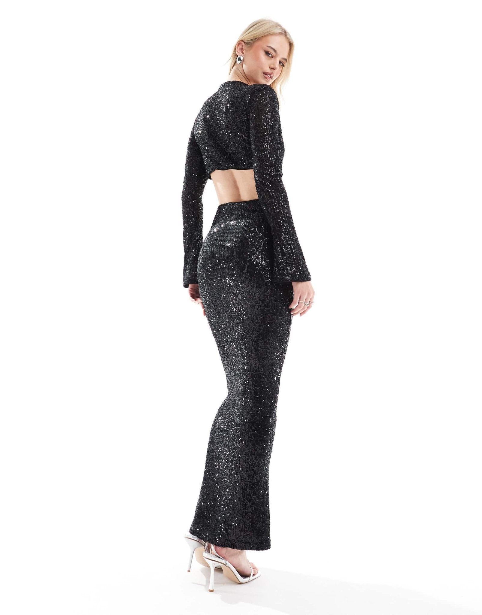 ASOS DESIGN Tall sequin long sleeve wrap around maxi dress with keyhole detail in black - ASOS Sample Sale