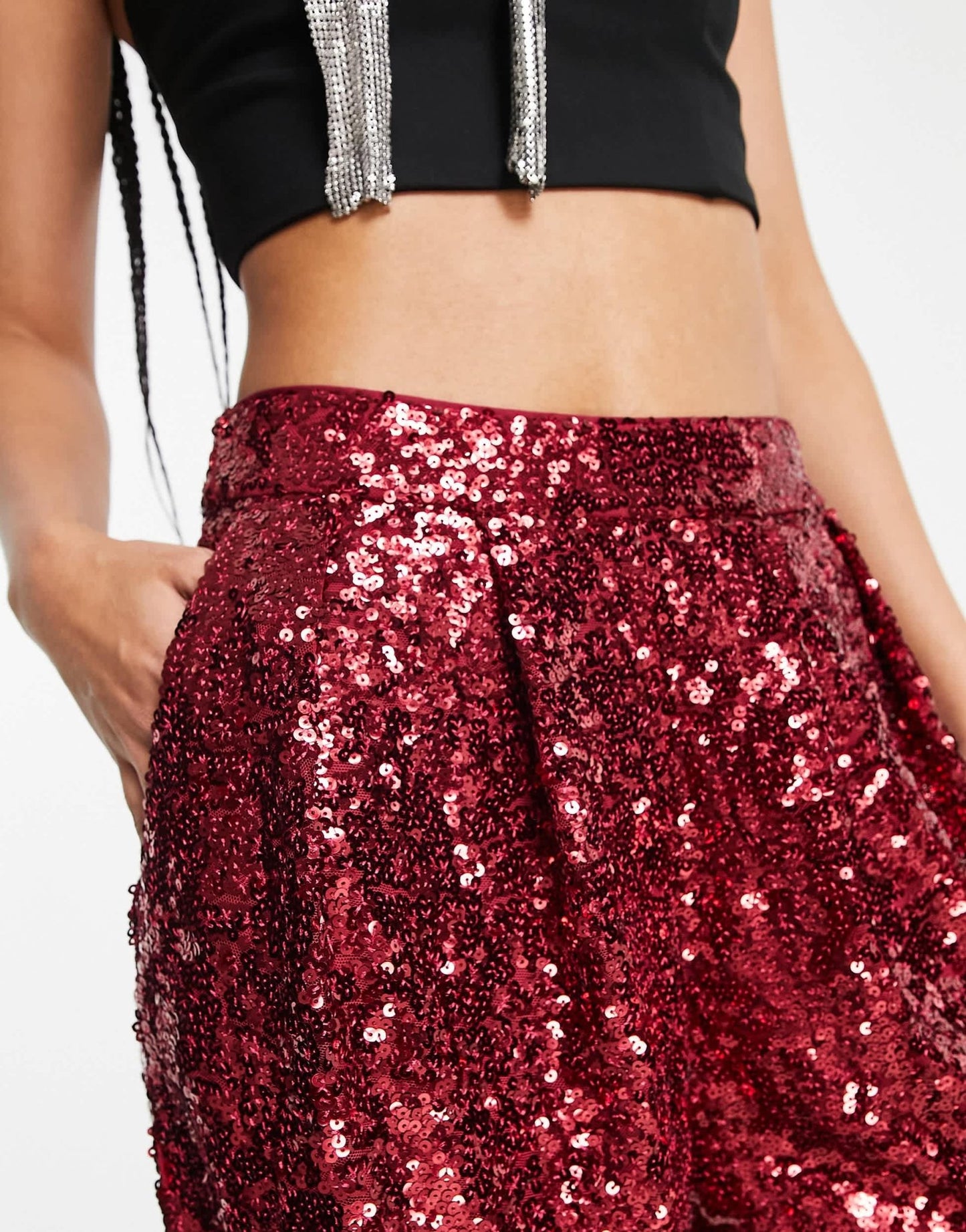 ASOS DESIGN Tall sequin slouchy trouser in ruby - ASOS Sample Sale