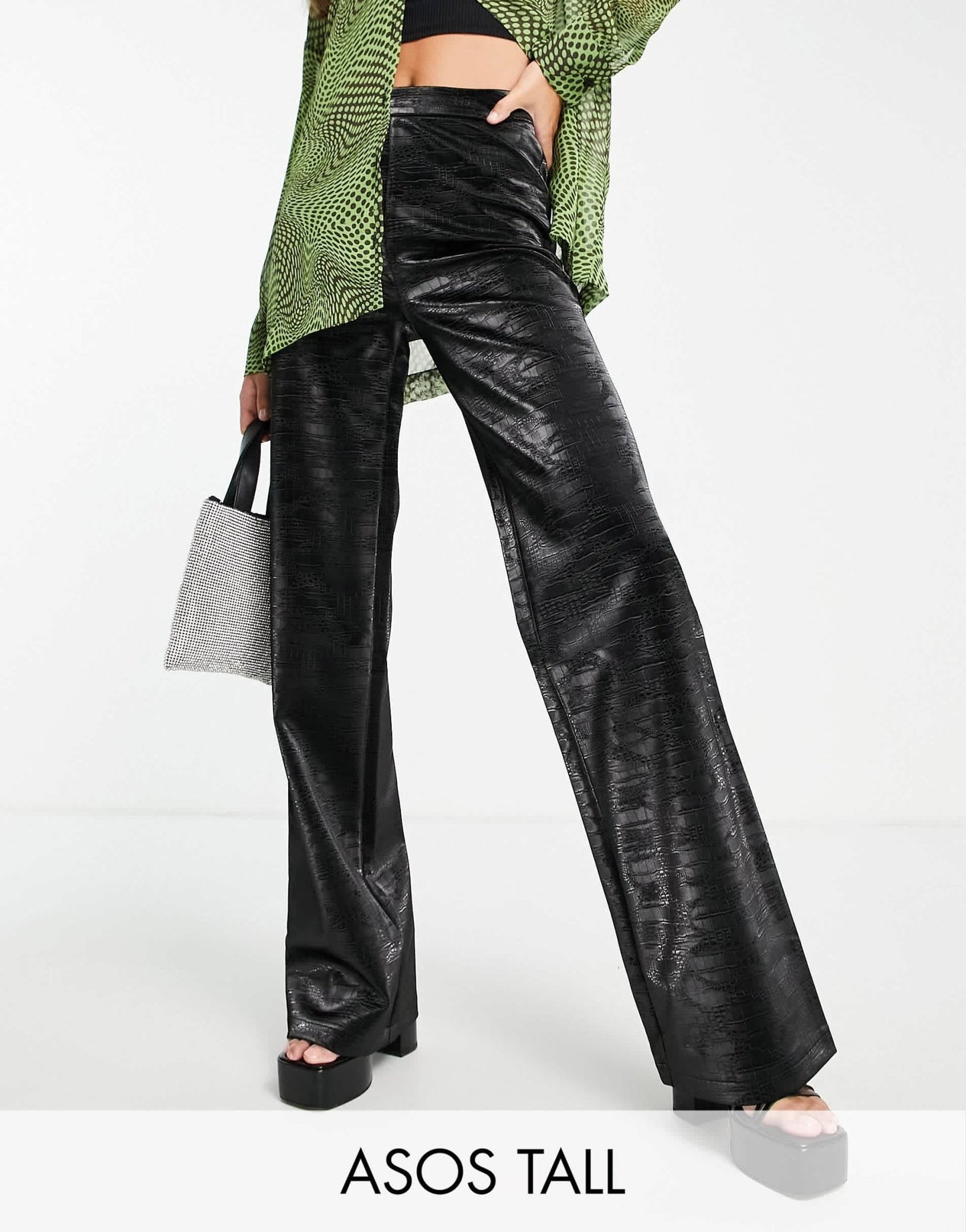 ASOS DESIGN Tall straight leg trouser in iridescent croc faux leather in black - ASOS Sample Sale