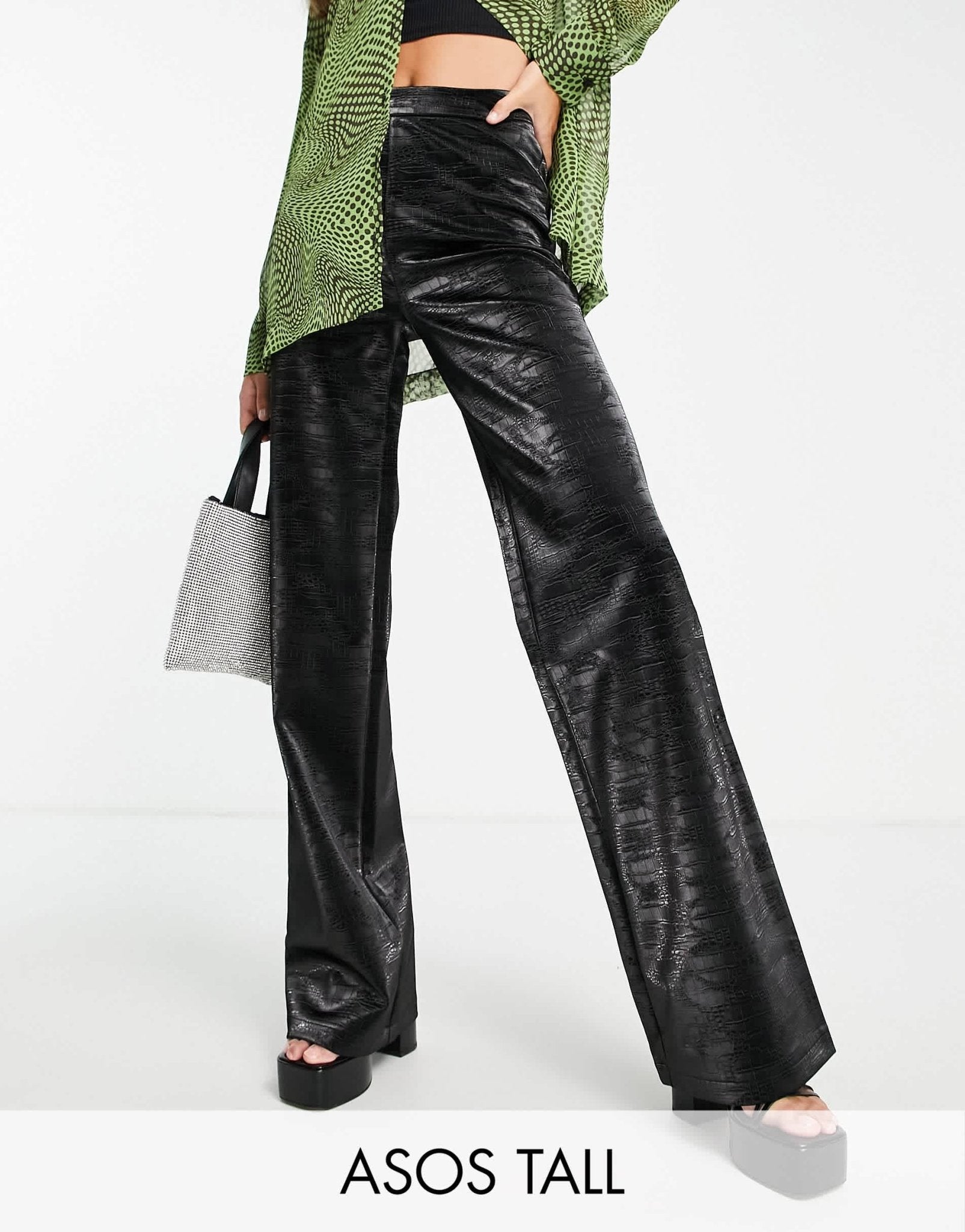 ASOS DESIGN Tall straight leg trouser in iridescent croc faux leather in black - ASOS Sample Sale
